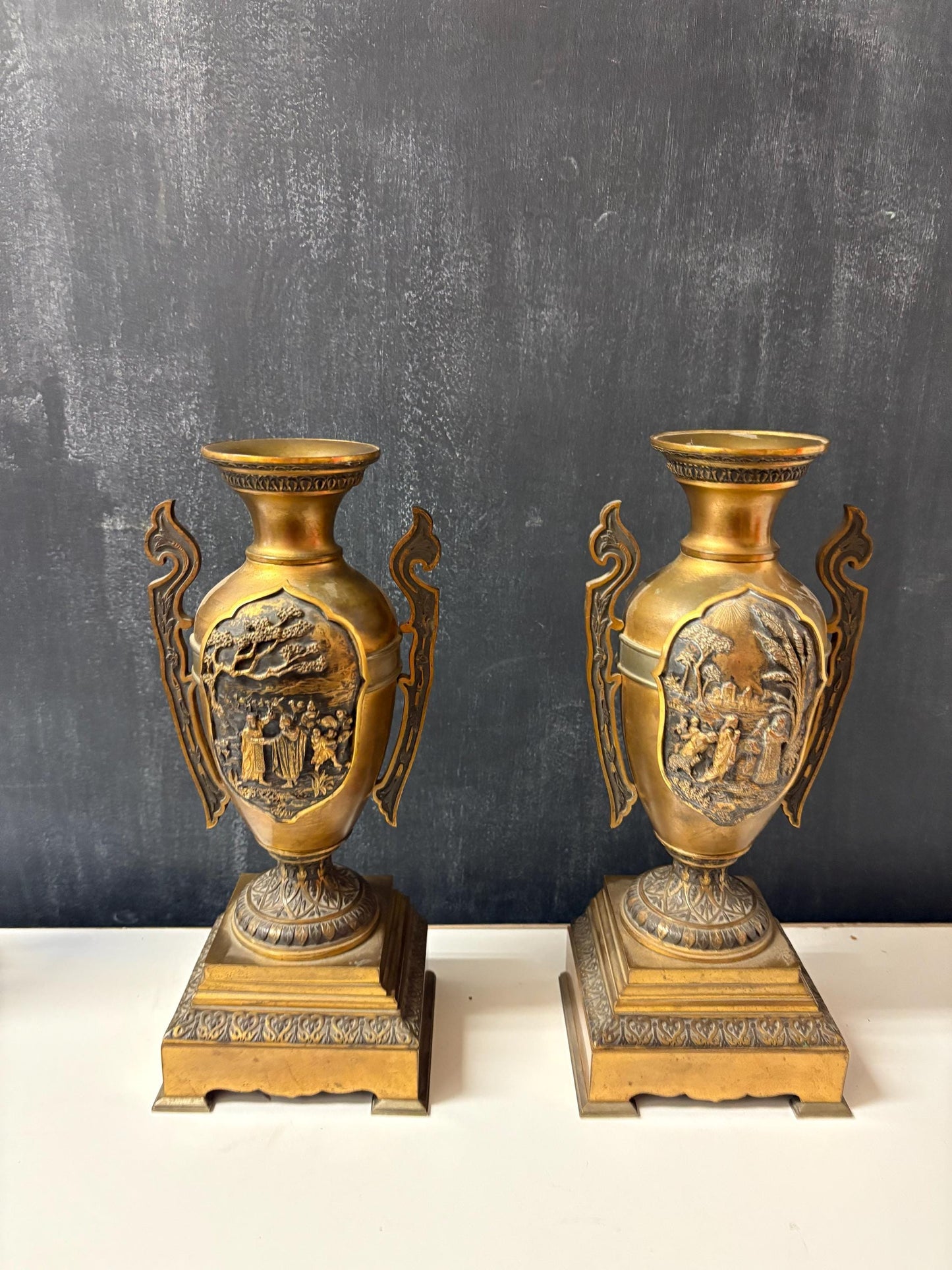 Stunning antique Japanese bronze candle holder urns   magical patina  11 inches high  perfection Meiji period  wow - B