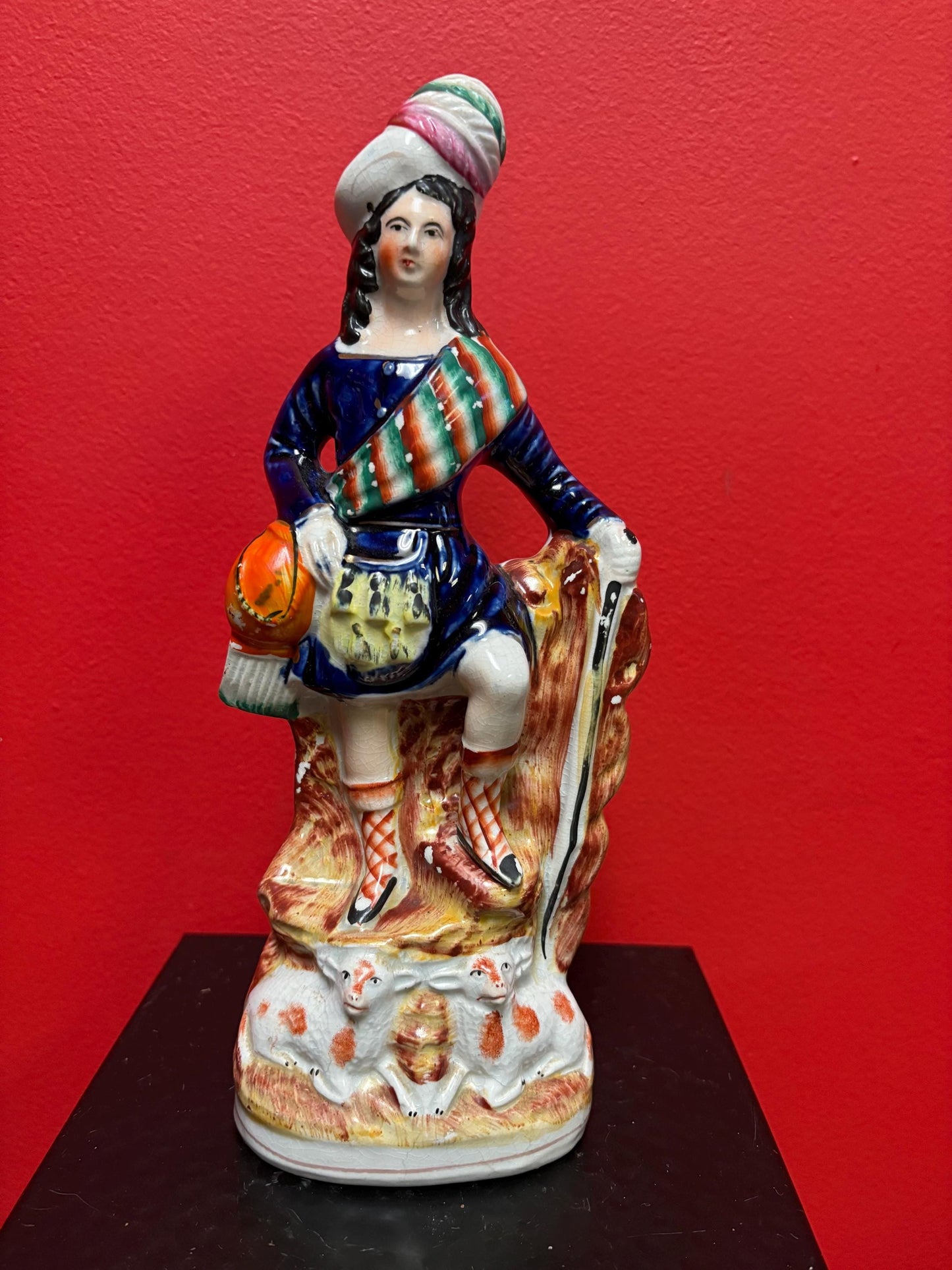 Beautiful  antique 11 inch tall Staffordshire, flat back statue of a soldier with dogs   great condition