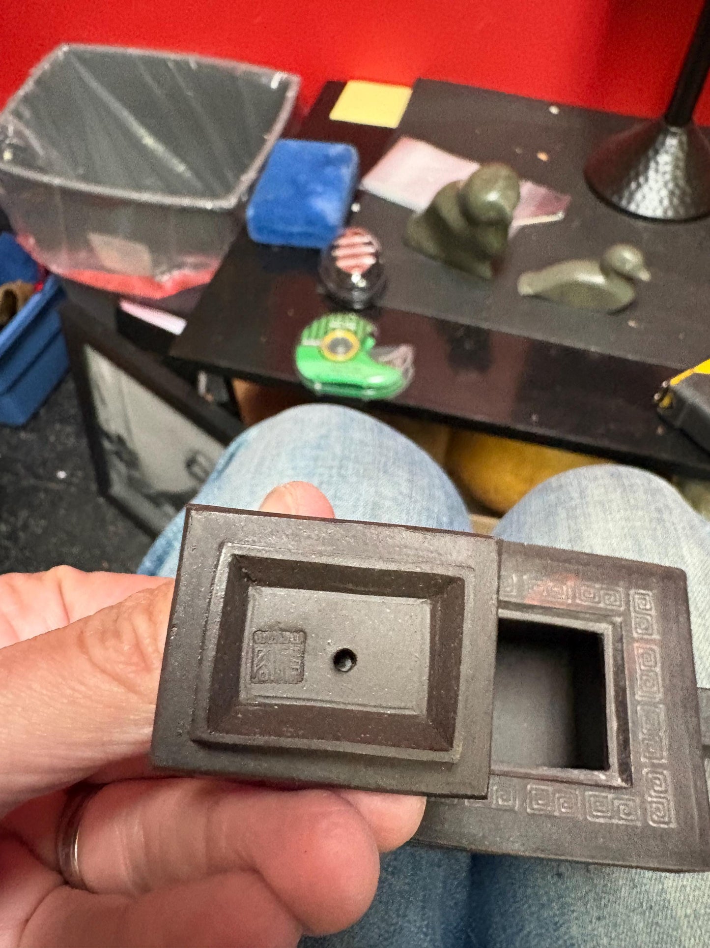 Beautiful 5 inch long by 3.5 high Chinese signed purple clay yixing teapot in perfect condition in box  signed three times - B