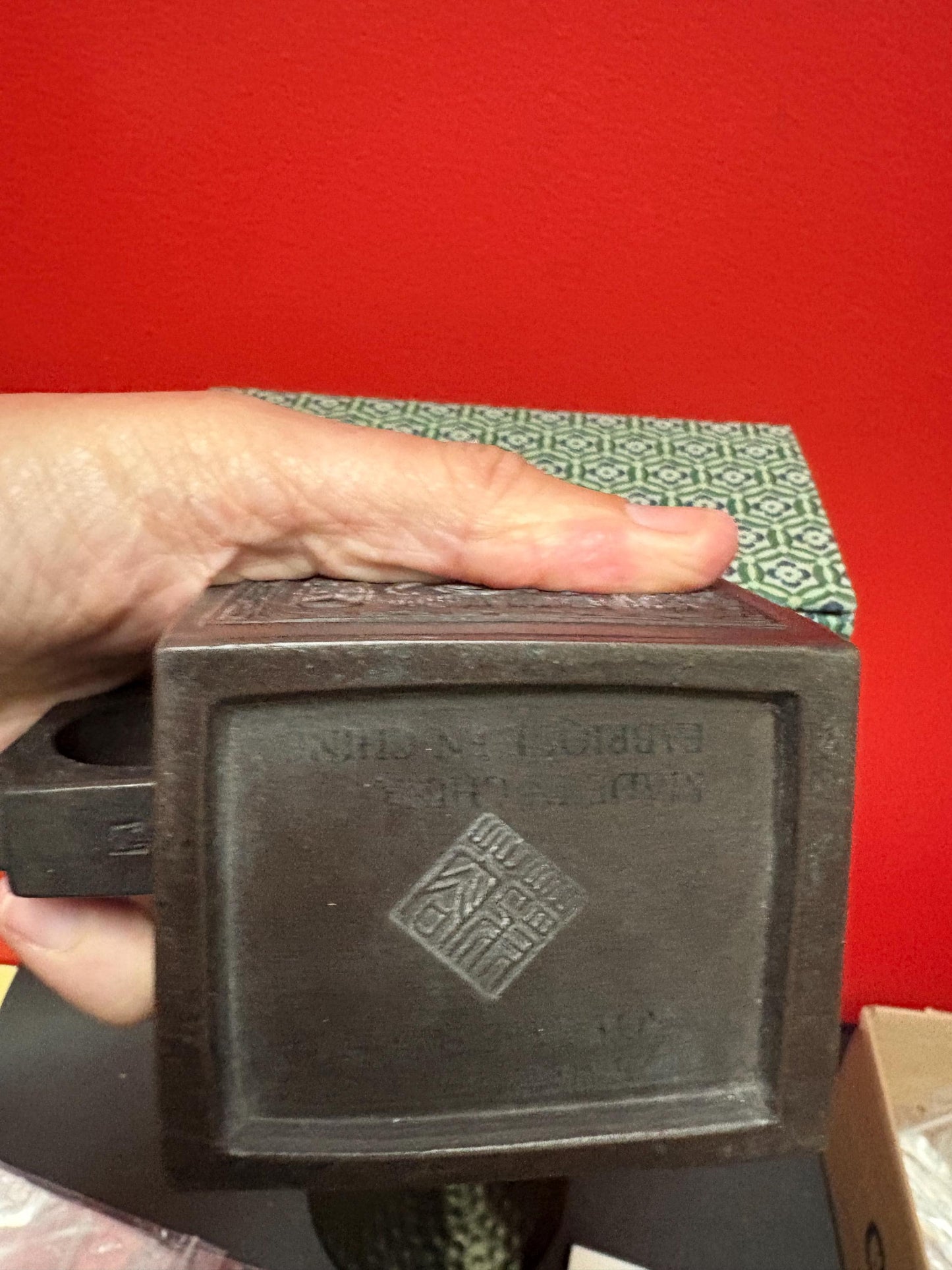 Beautiful 5 inch long by 3.5 high Chinese signed purple clay yixing teapot in perfect condition in box  signed three times - B