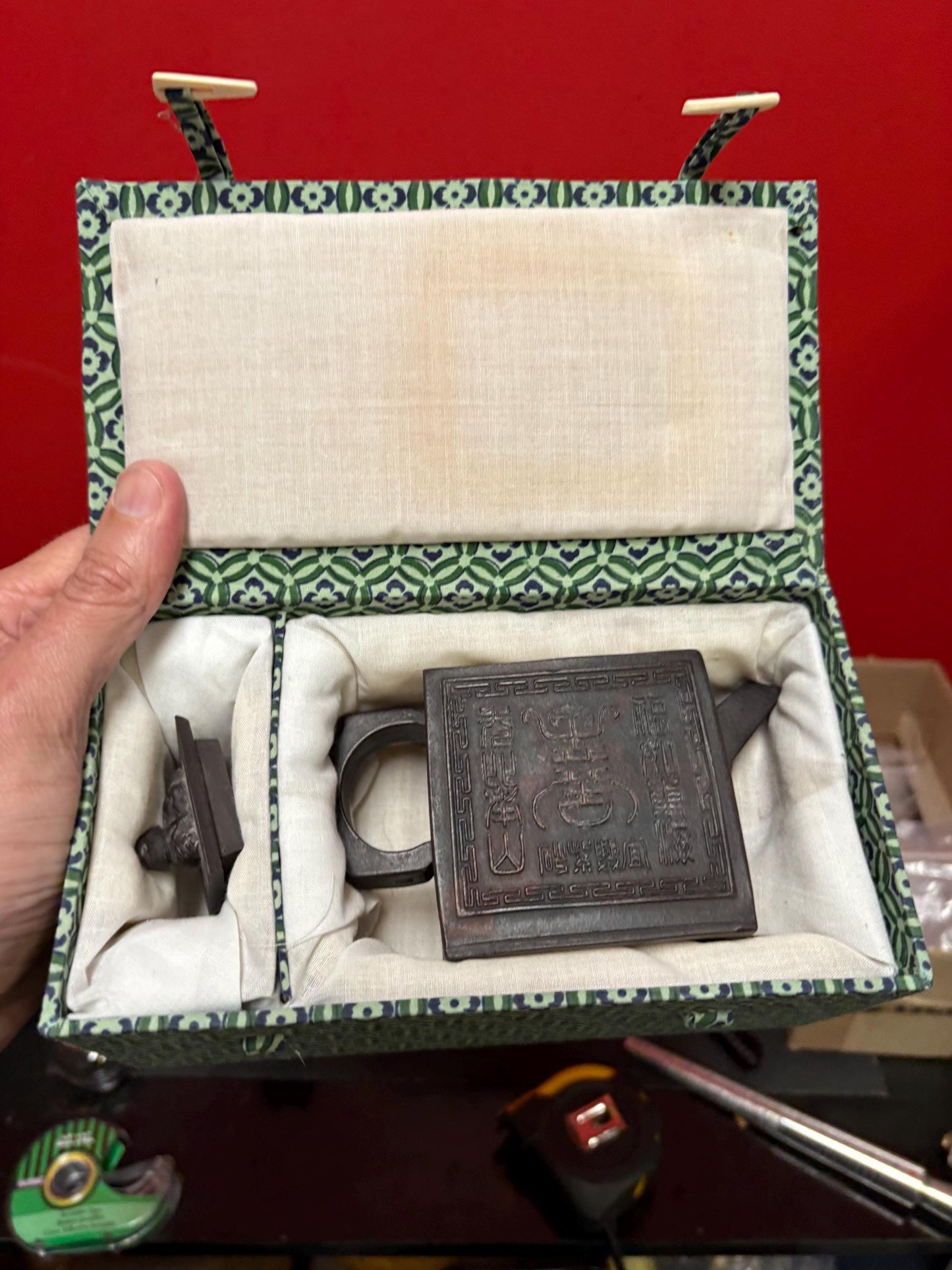 Beautiful 5 inch long by 3.5 high Chinese signed purple clay yixing teapot in perfect condition in box  signed three times - B