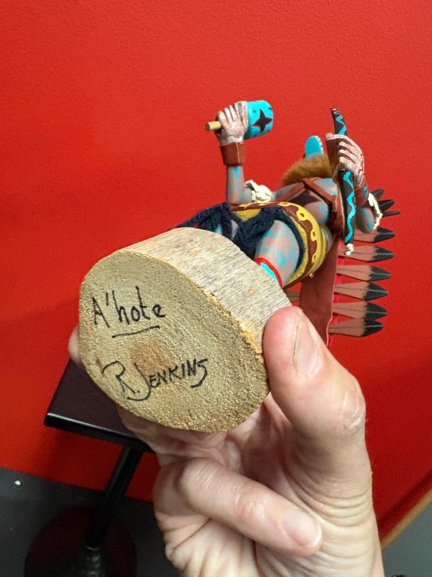 Lovely signed indigenous American hopi kachina doll missing ear   11 inches tall