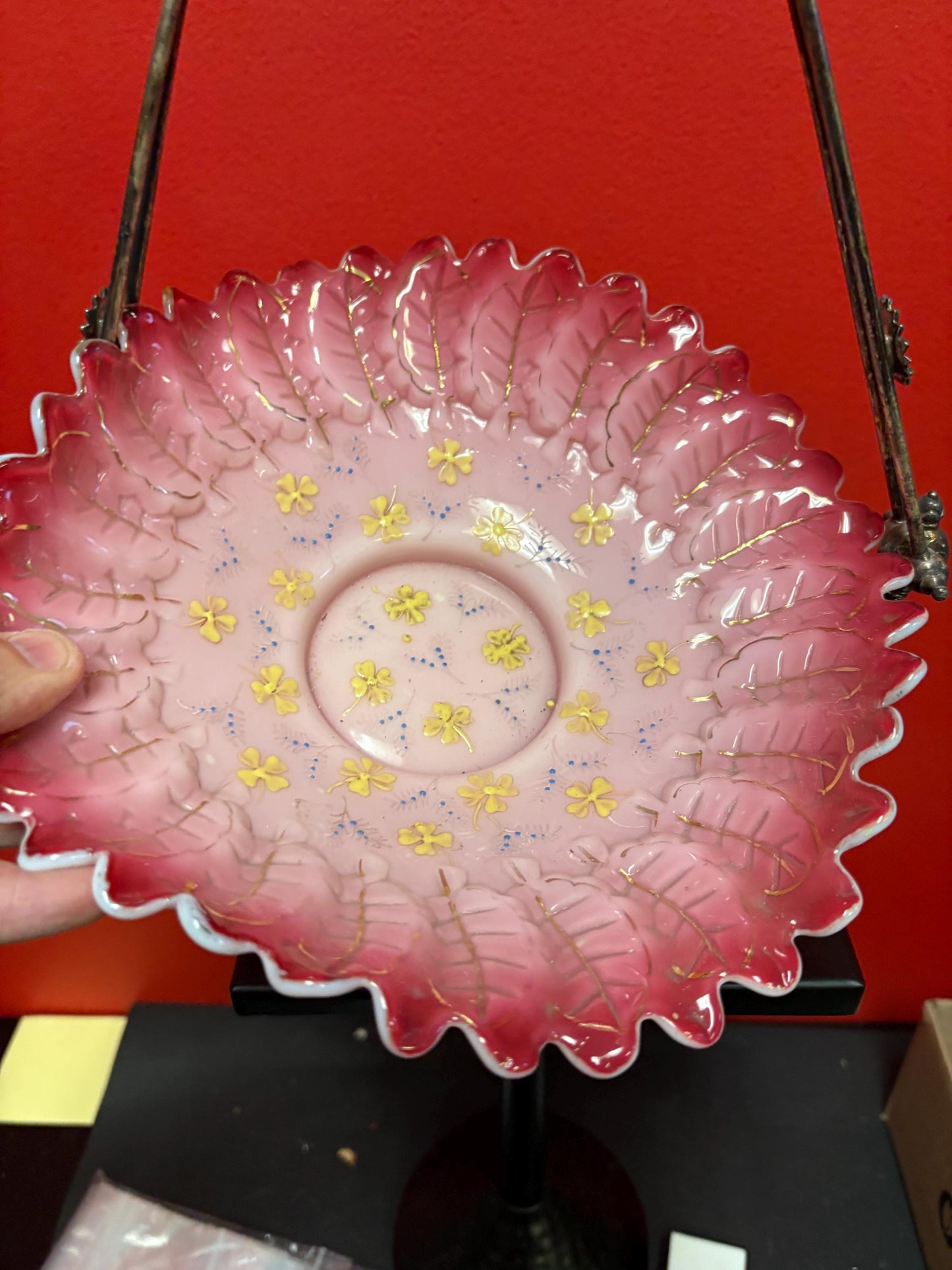 Stunning 15 x 9.5 inch antique American silver plated and glass bridal basket  authentic and mint condition - B