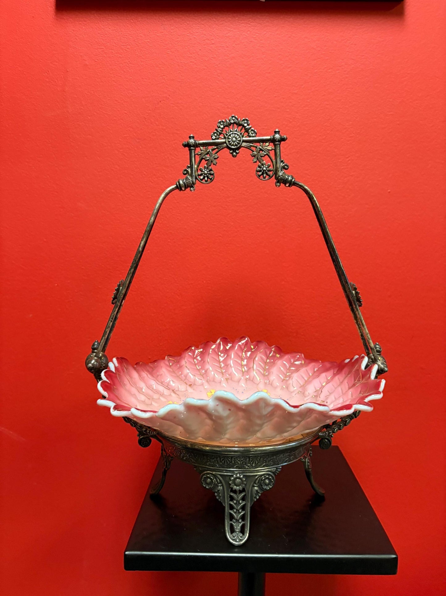 Stunning 15 x 9.5 inch antique American silver plated and glass bridal basket  authentic and mint condition - B