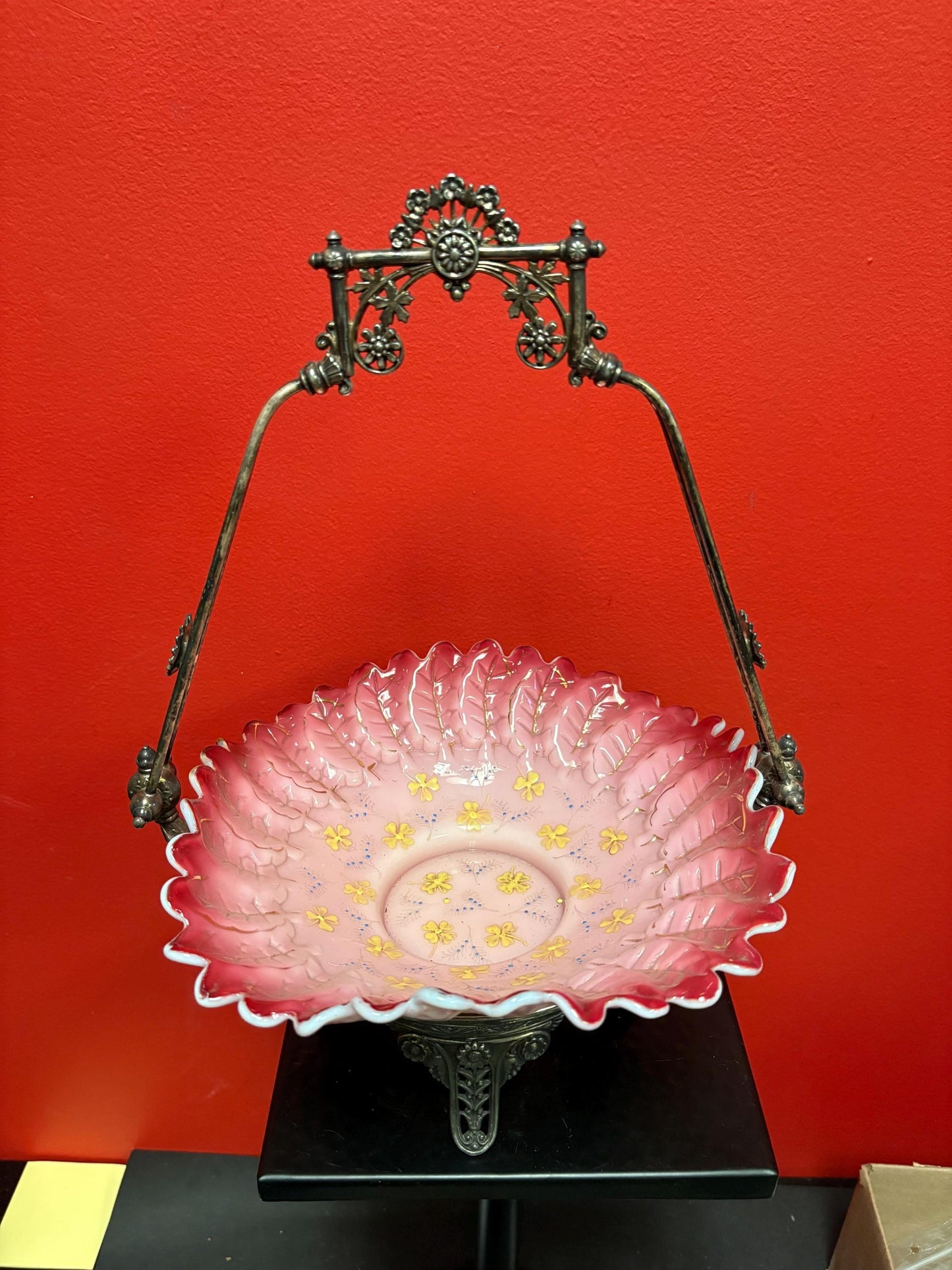 Stunning 15 x 9.5 inch antique American silver plated and glass bridal basket  authentic and mint condition - B