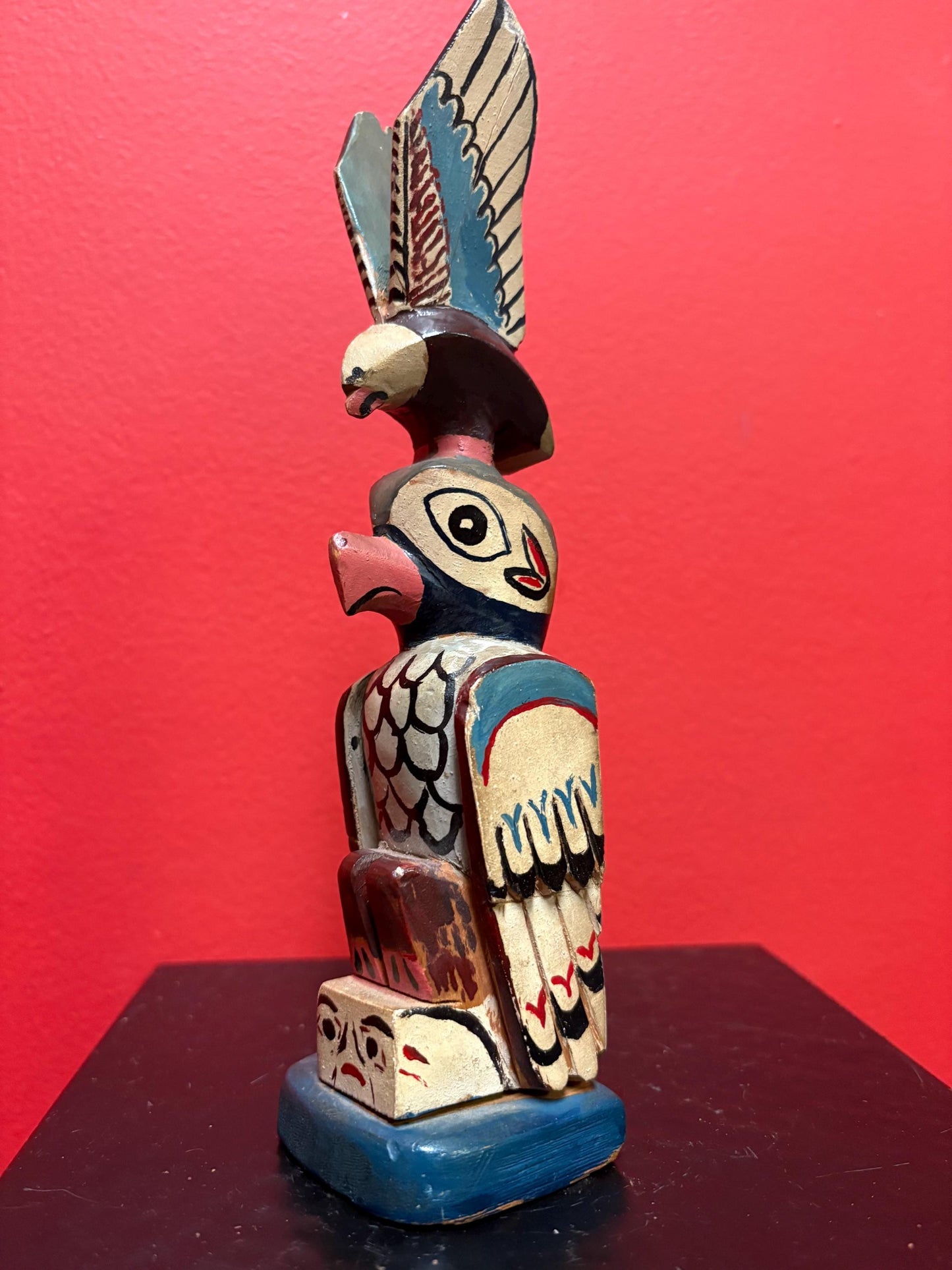 Stunning antique 9 inch primitive polychrome first nation Pacific Northwest Coast transformation totem pole  small chip  wow