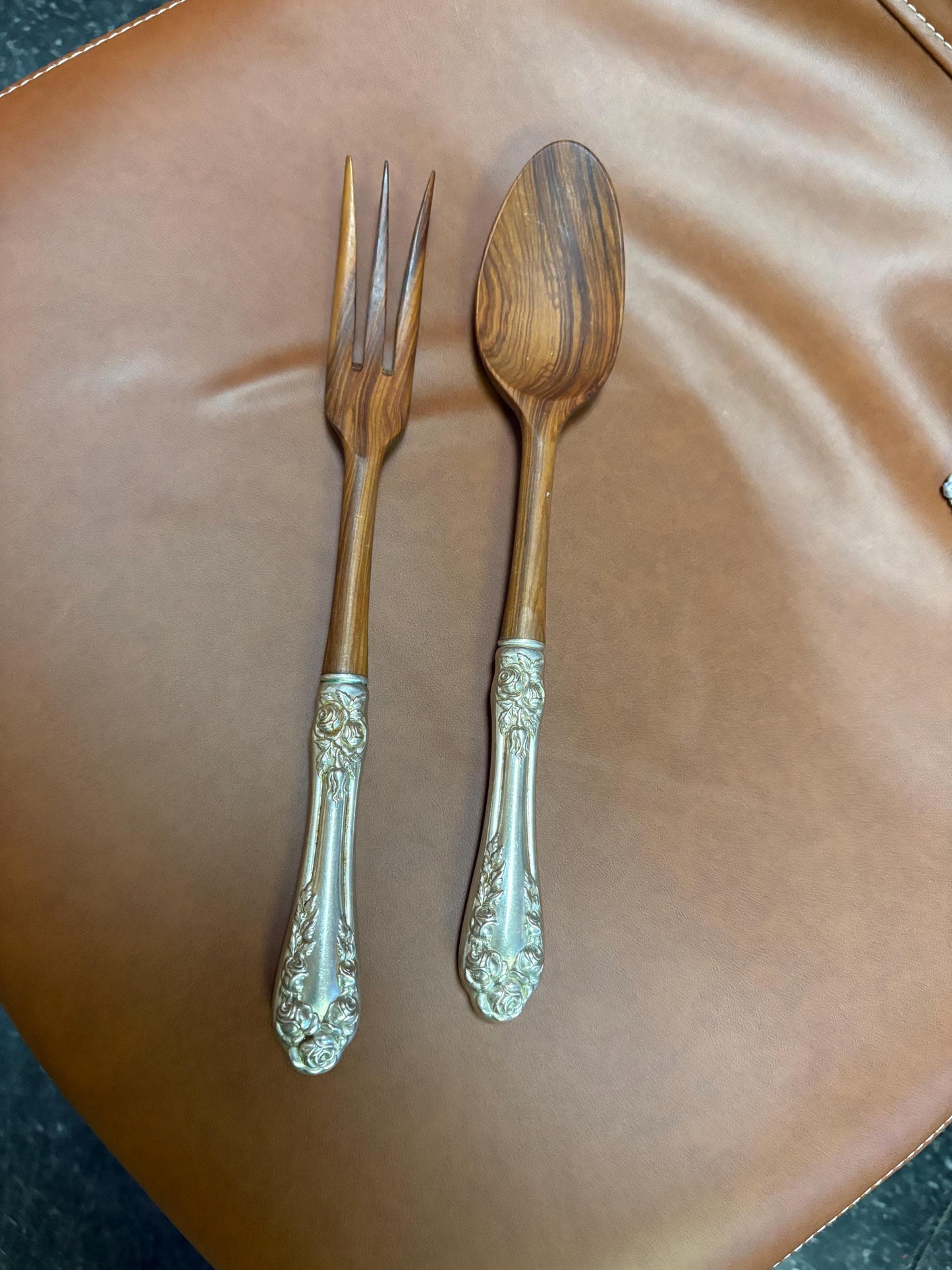 Beautiful American Sterling and wood 11 inch salad servers  wonderful gift and great value - B
