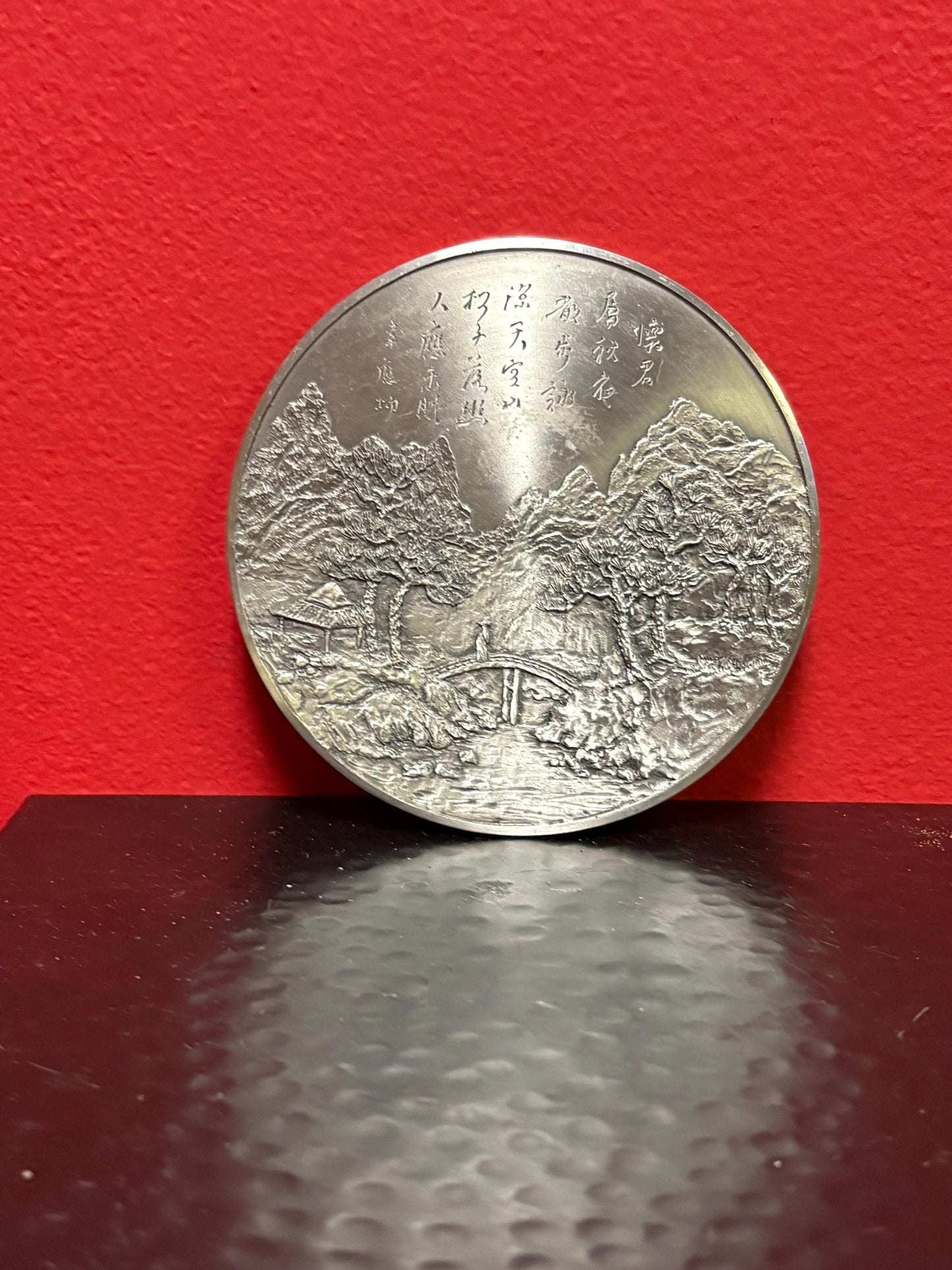 Lovely Japanese pewter signed plaque  4 inches