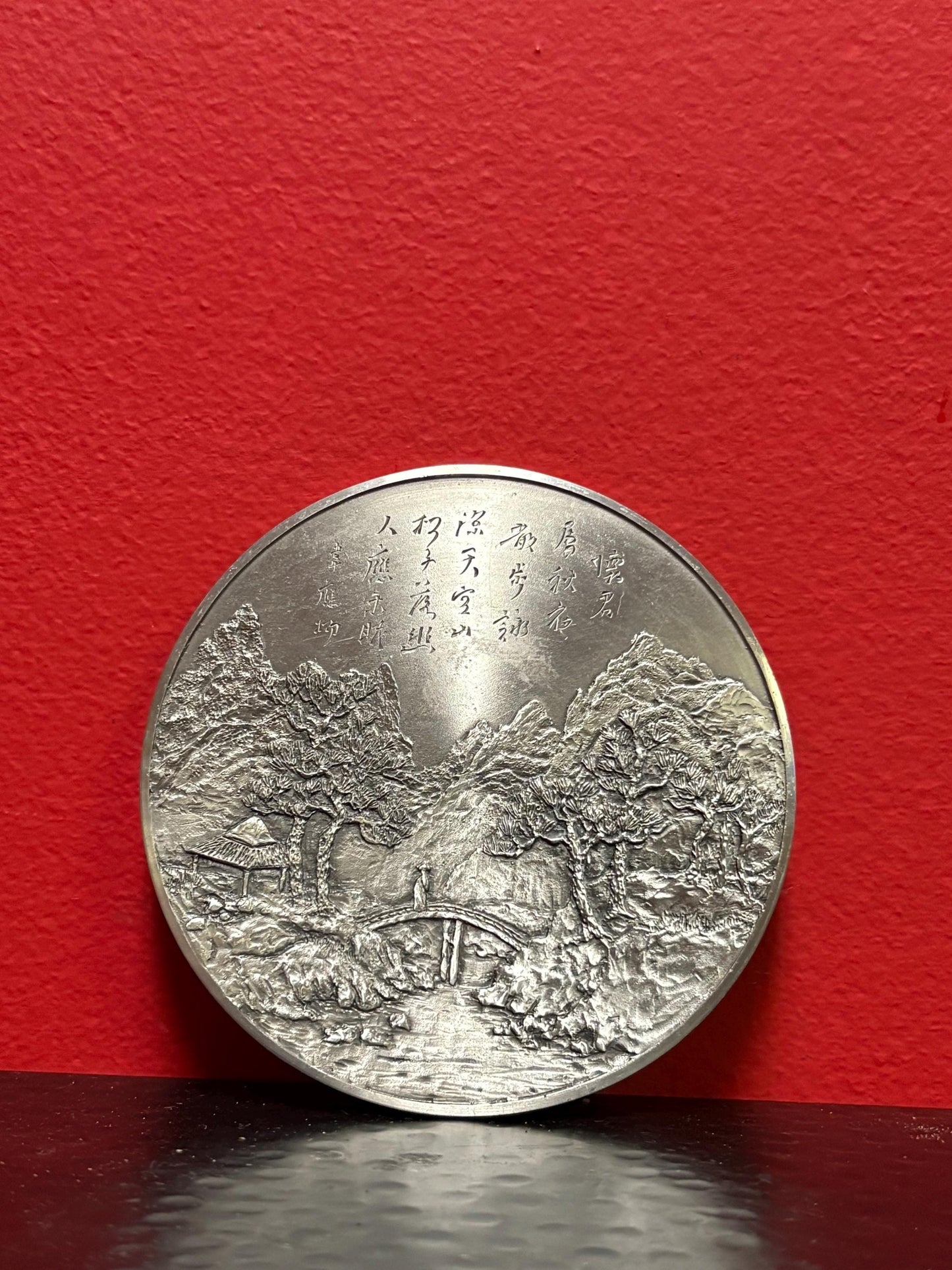 Lovely Japanese pewter signed plaque  4 inches