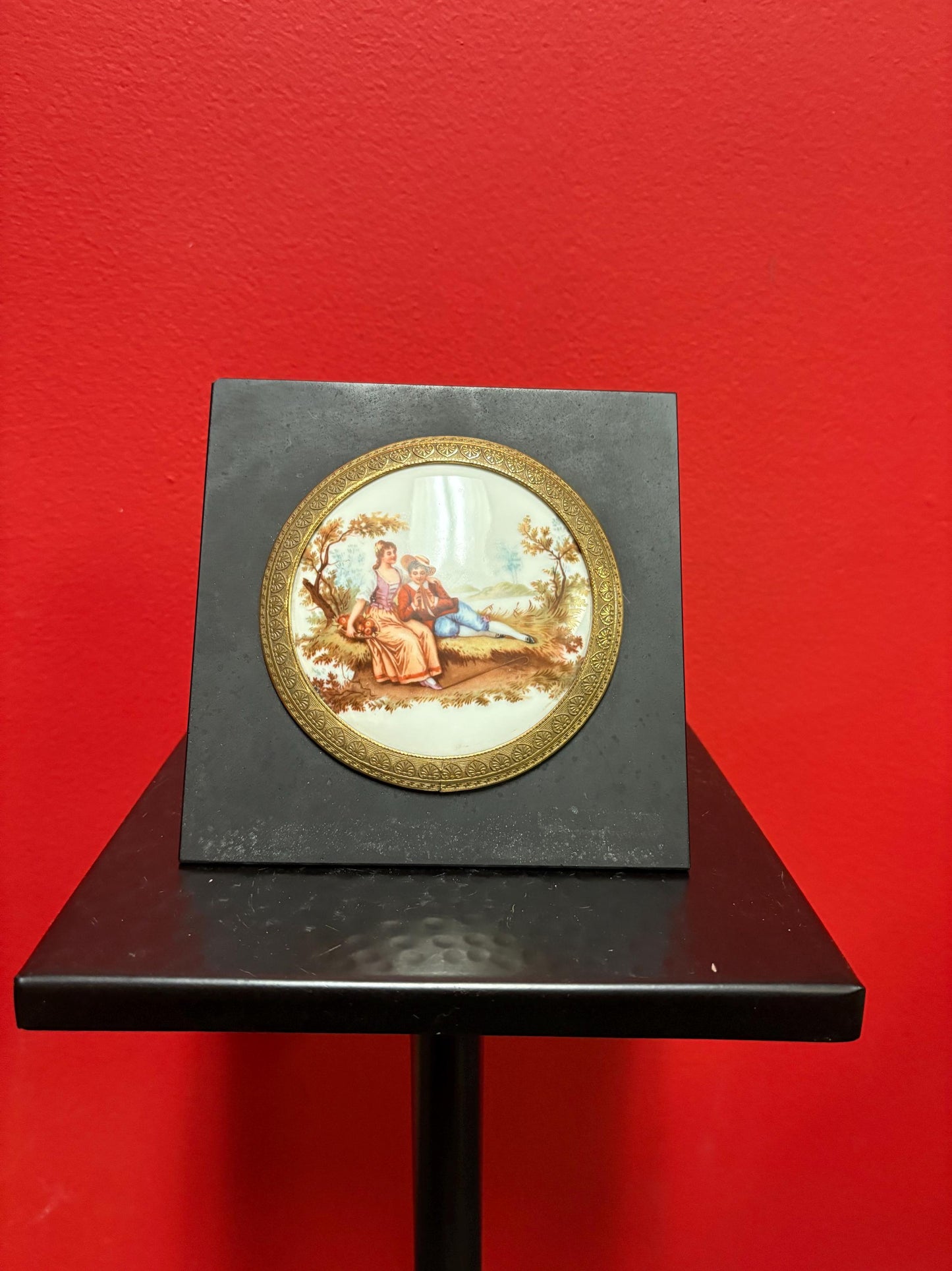 Beautiful 6 x 5 French porcelain plaque in lovely brass and black metal frame wonderful condition  great value- B