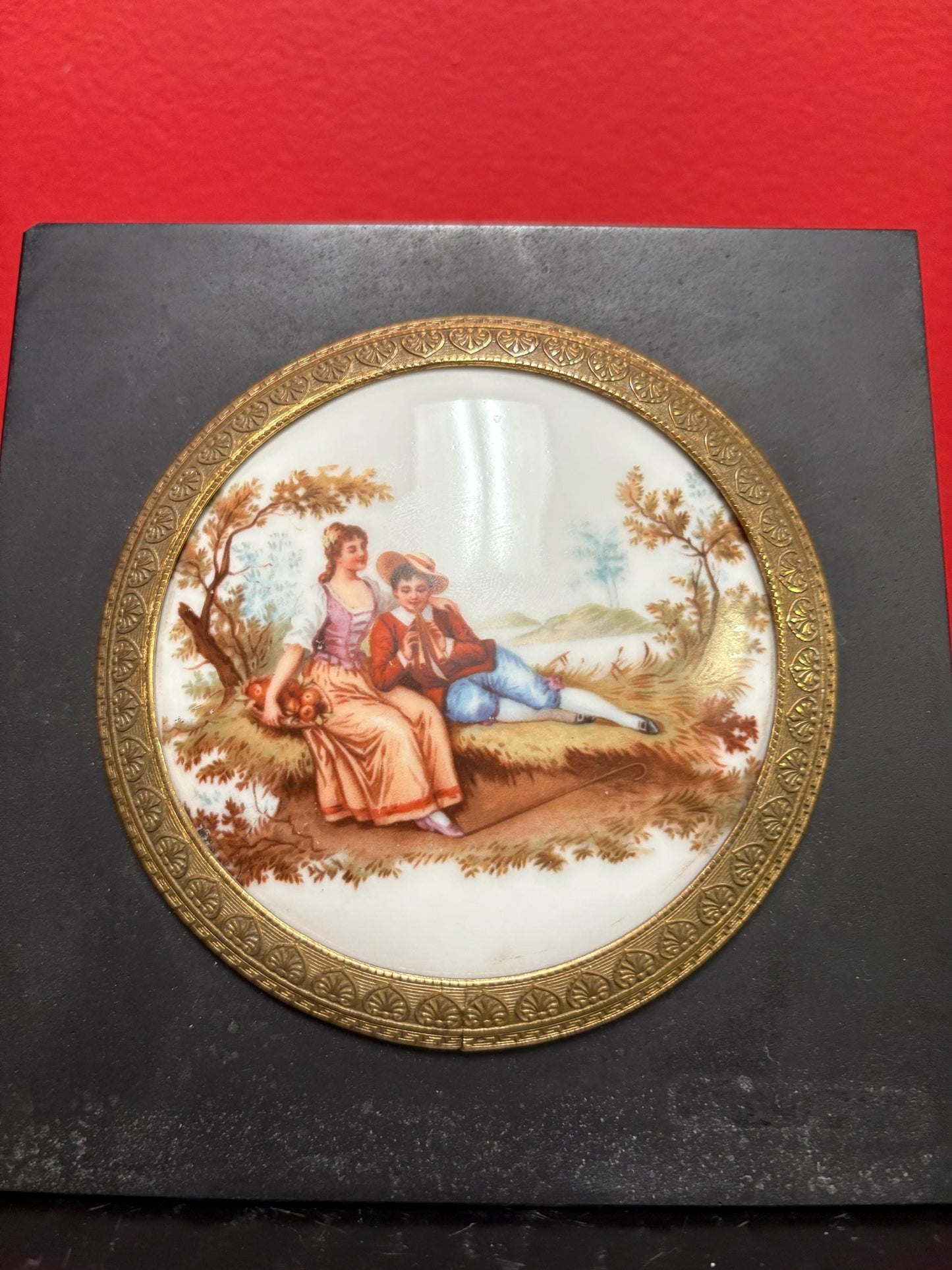 Beautiful 6 x 5 French porcelain plaque in lovely brass and black metal frame wonderful condition  great value- B