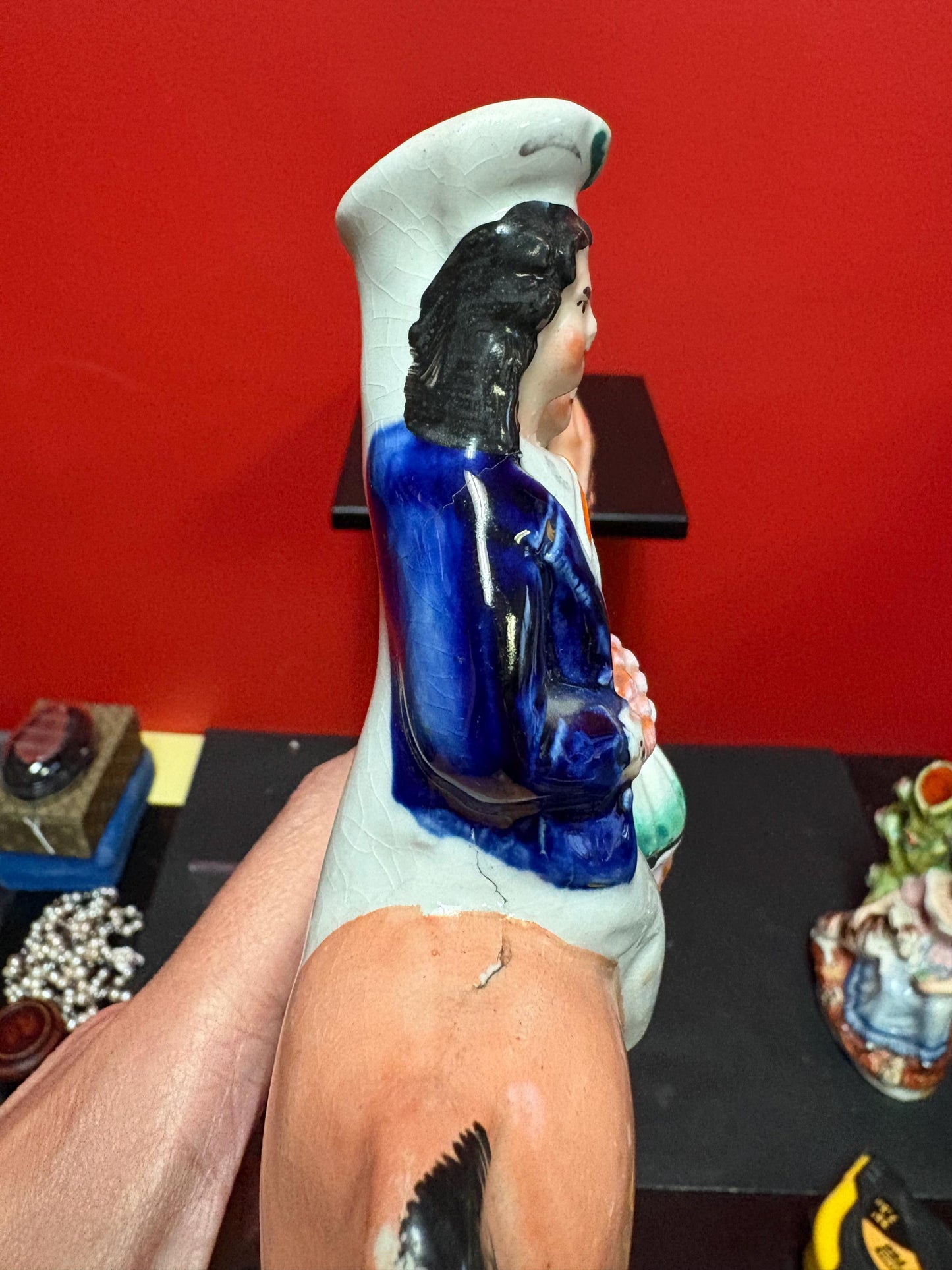 Beautiful 8  inch Staffordshire statue of a couple on Horse  returning home good condition -B