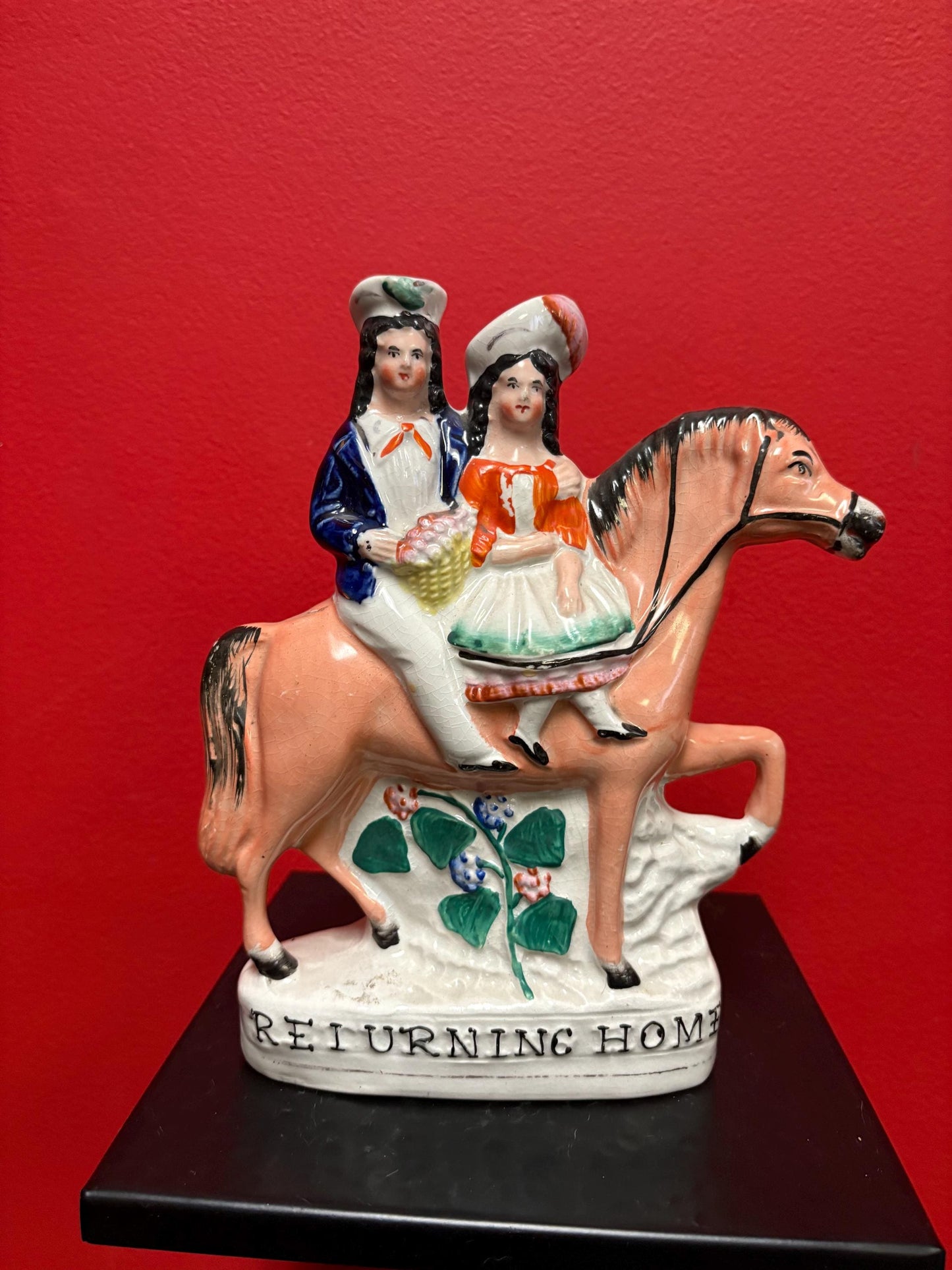 Beautiful 8  inch Staffordshire statue of a couple on Horse  returning home good condition -B