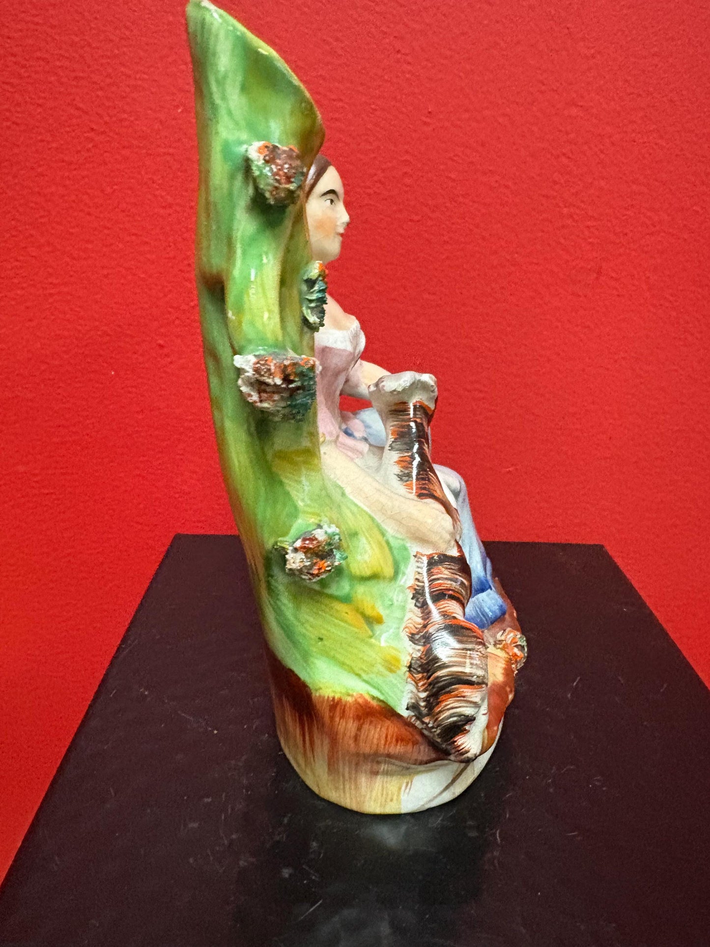 Beautiful 8  inch Staffordshire statue  of a lady with animal good condition  unusual imagery  mid 19 century -B