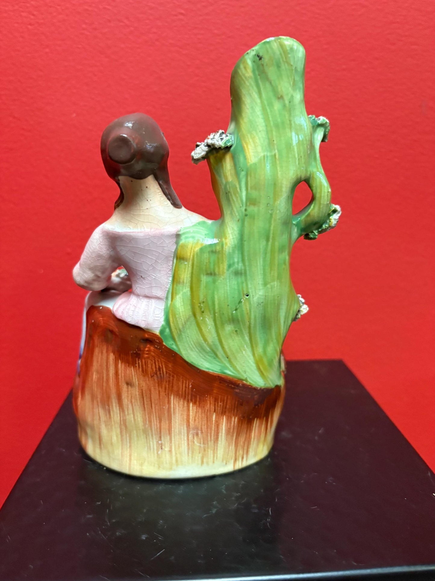 Beautiful 8  inch Staffordshire statue  of a lady with animal good condition  unusual imagery  mid 19 century -B