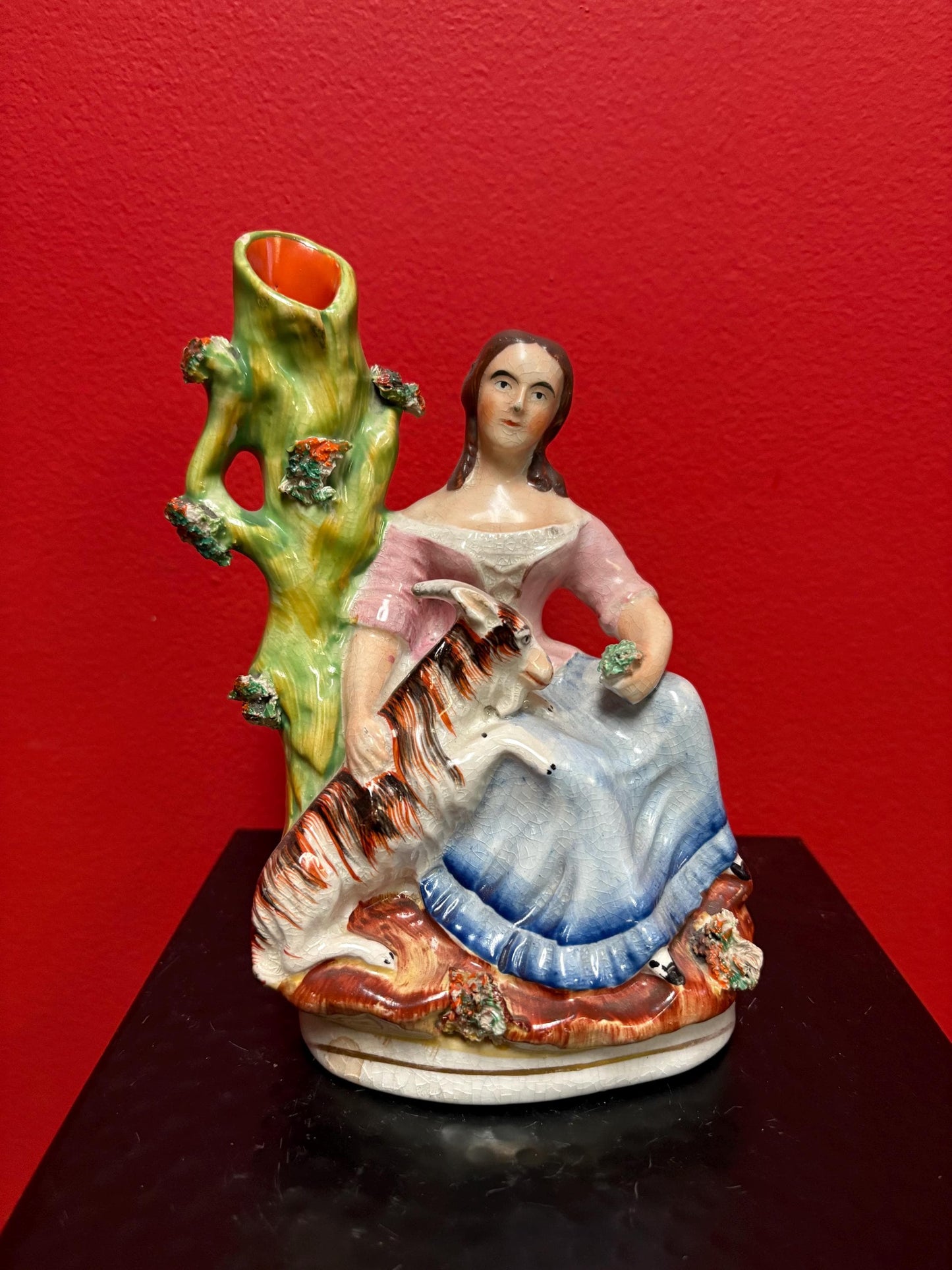 Beautiful 8  inch Staffordshire statue  of a lady with animal good condition  unusual imagery  mid 19 century -B