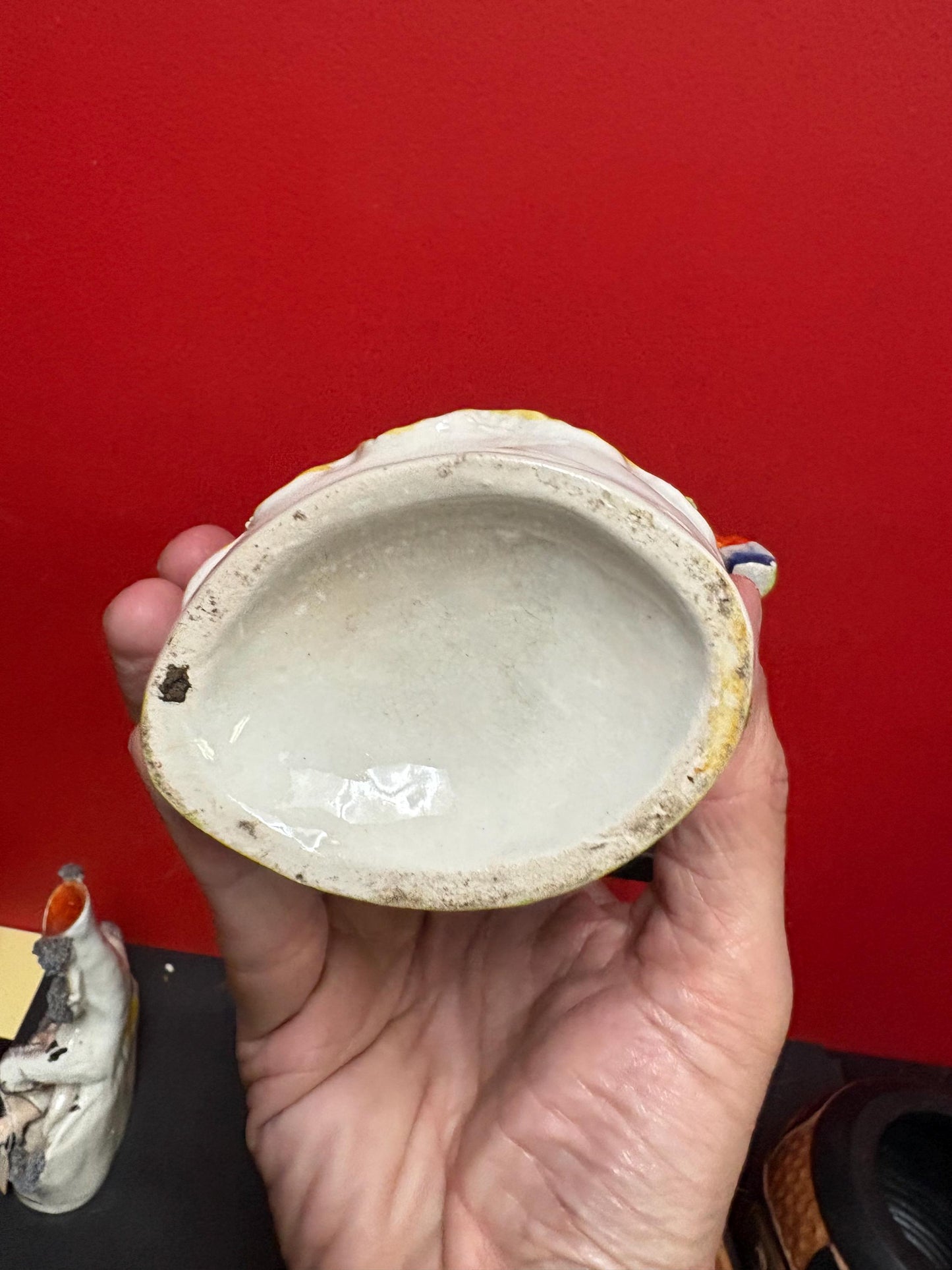 Beautiful 8  inch Staffordshire statue  of a couple with animal chip  unusual imagery  mid 19 century -B