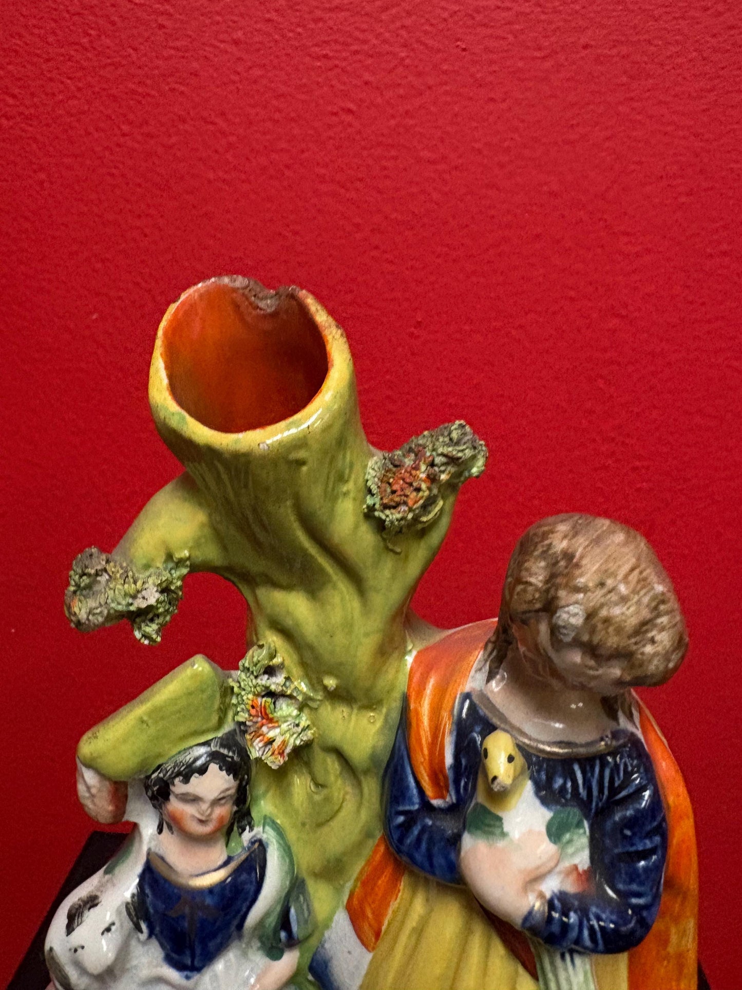 Beautiful 8  inch Staffordshire statue  of a couple with animal chip  unusual imagery  mid 19 century -B