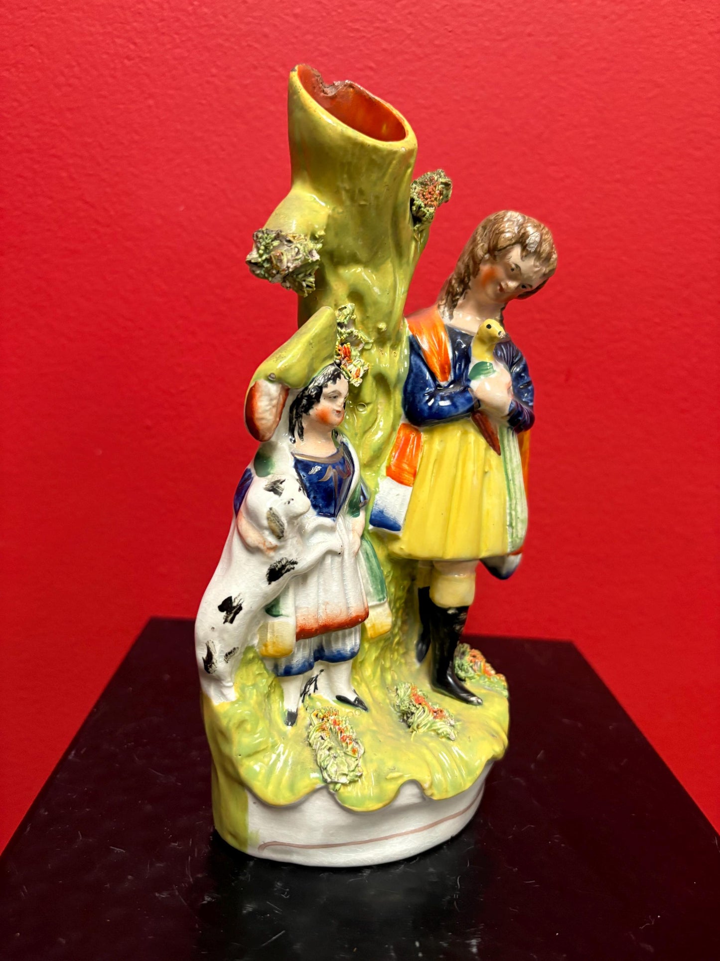 Beautiful 8  inch Staffordshire statue  of a couple with animal chip  unusual imagery  mid 19 century -B