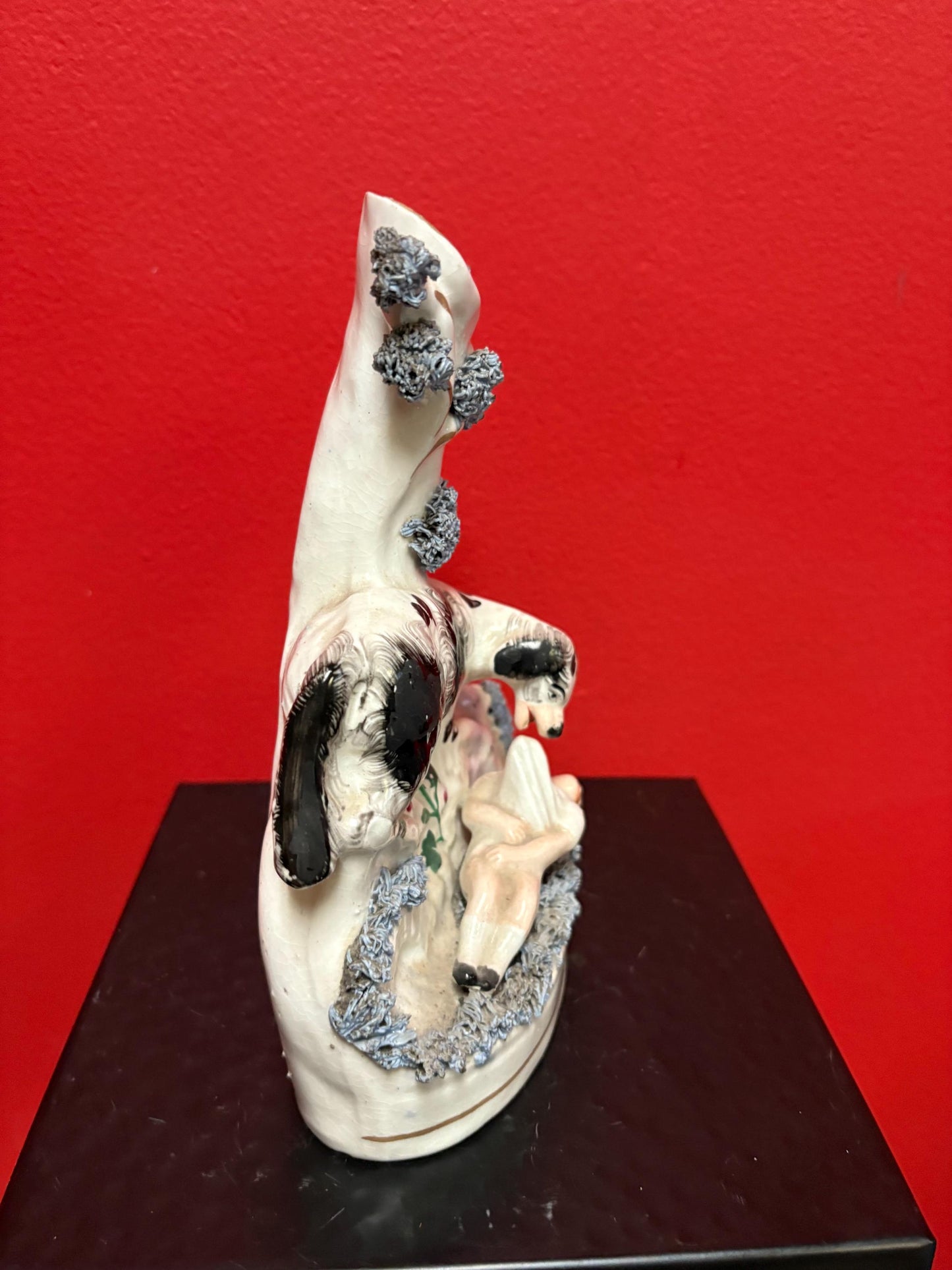 Beautiful 8  inch Staffordshire statue  of a child and dog  good condition  unusual imagery  mid 19 century -B