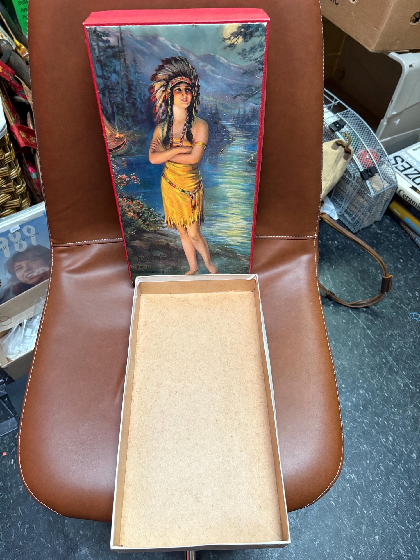 Stunning antique LOWNEYS assorted chocolate box with Pocahontas imagery in perfect condition - indigenous First Nations- 14 x 8 x 2 high