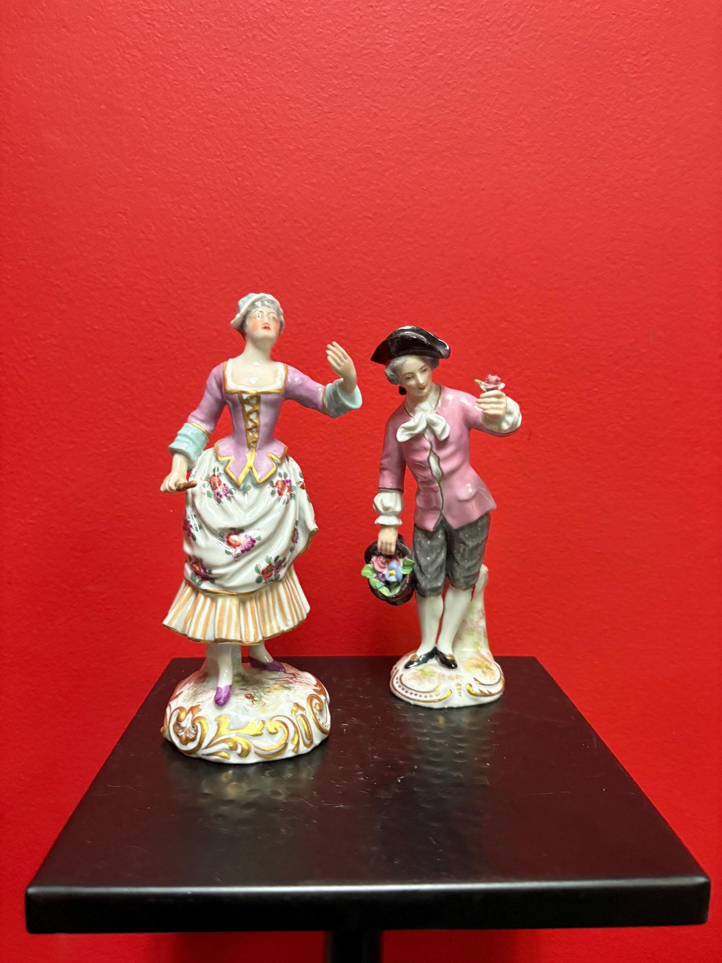 Pair of beautiful 6 and 7 inch French porcelain early 20th century statues in perfect condition - signed  wow.  B