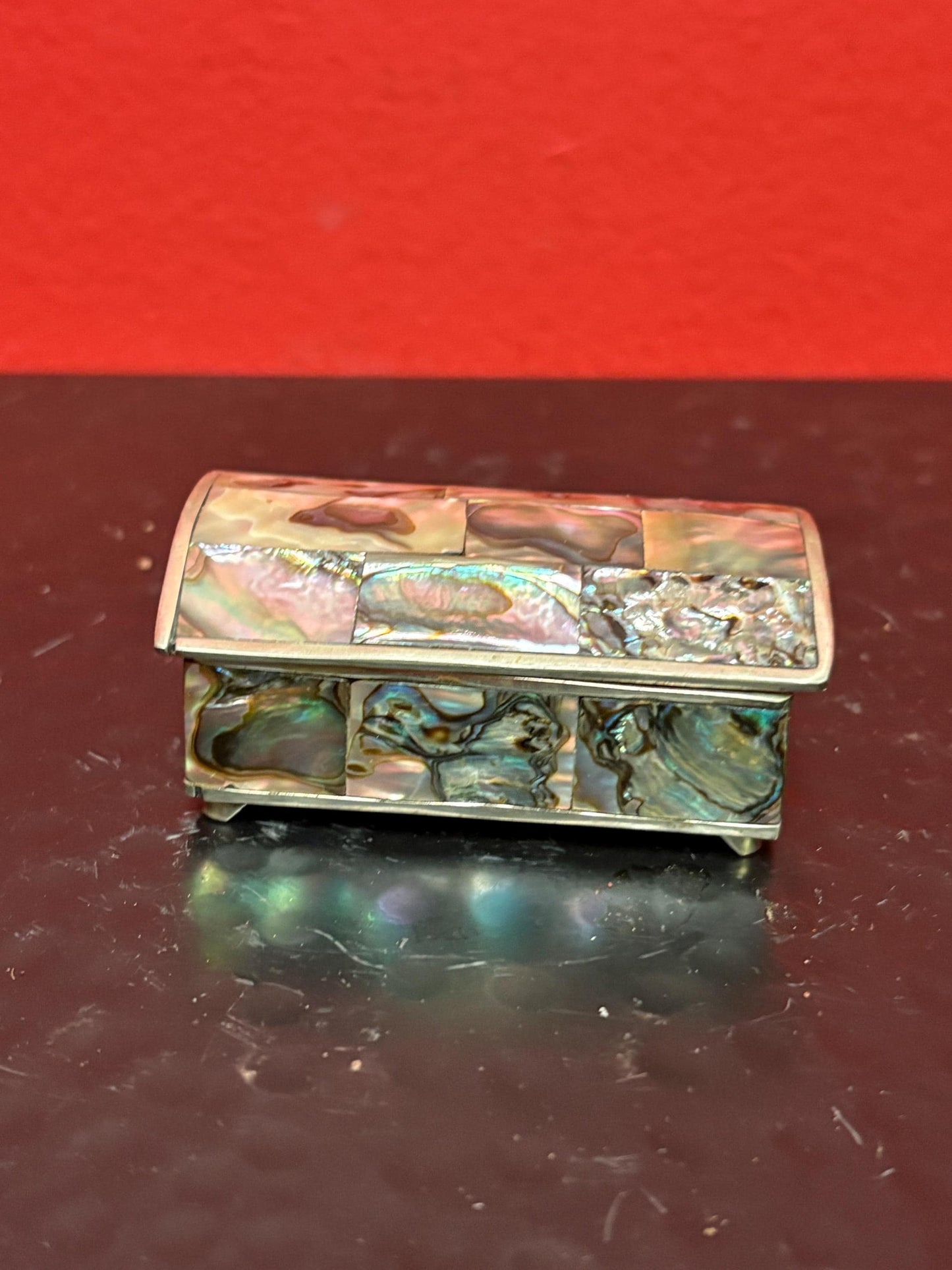 Lovely Mexican alpaca silver and abalone box  2 1/2 by 1 1/2 x 1“ high  great condition  lovely gift