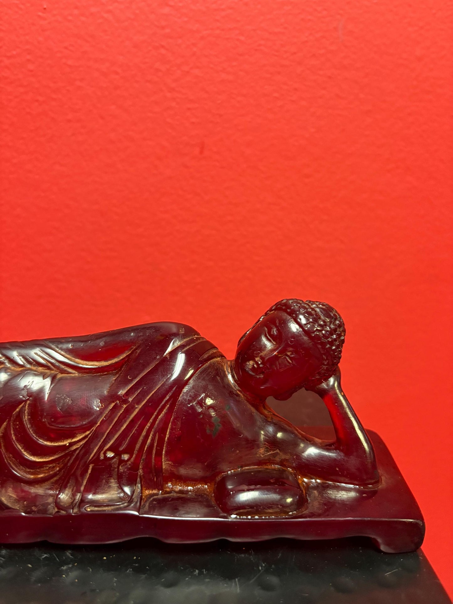 Stunning antique Chinese cherry red amber reclining Buddha - 8 x 3 high wonderful quality and condition  real deal