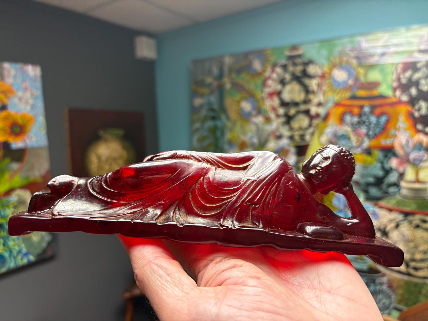 Stunning antique Chinese cherry red amber reclining Buddha - 8 x 3 high wonderful quality and condition  real deal