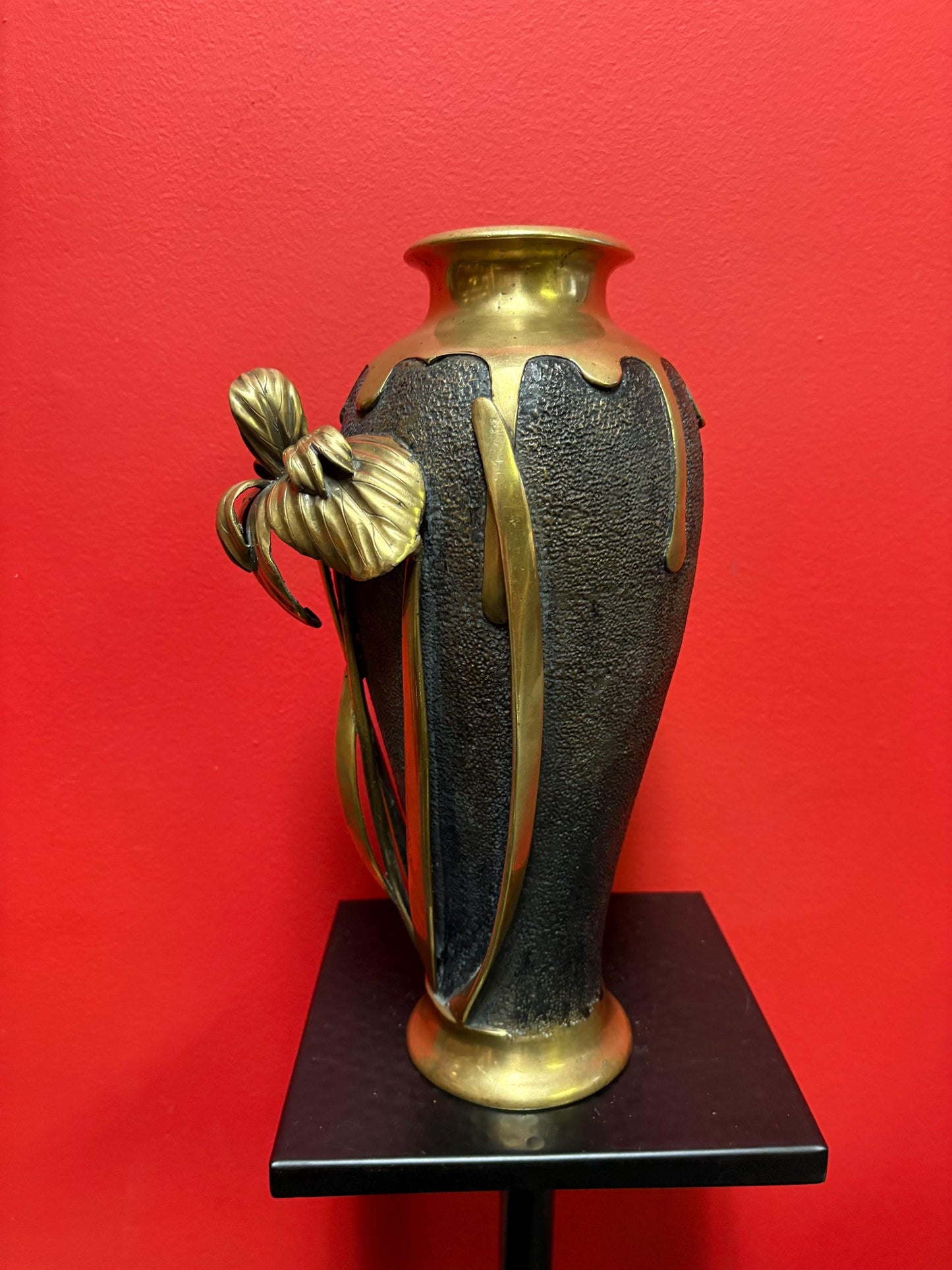 Glorious 19 century Japanese meji bronze and brass vase  signed with beautiful irises  top quality and heavy - 12 inches high