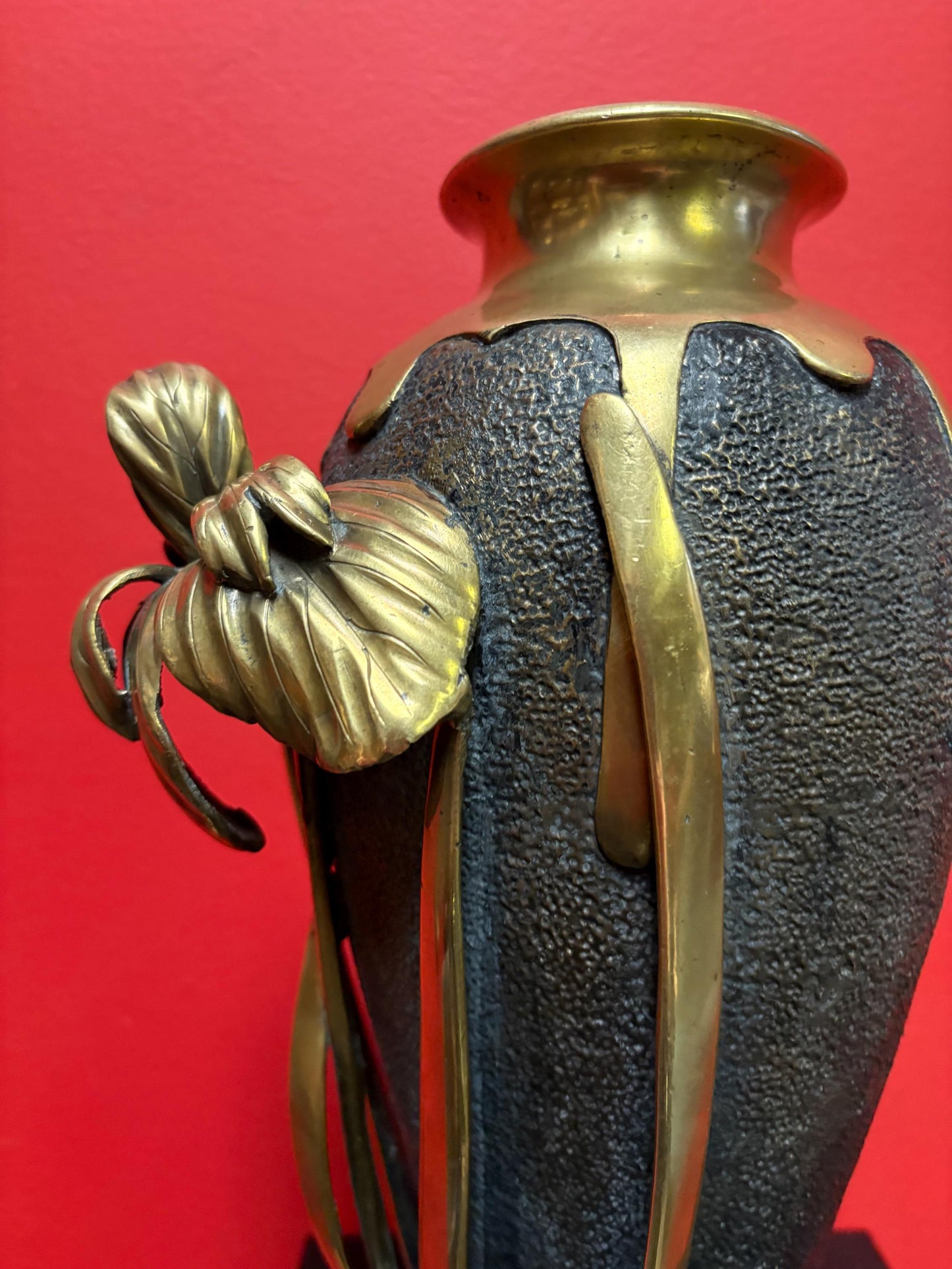 Glorious 19 century Japanese meji bronze and brass vase  signed with beautiful irises  top quality and heavy - 12 inches high