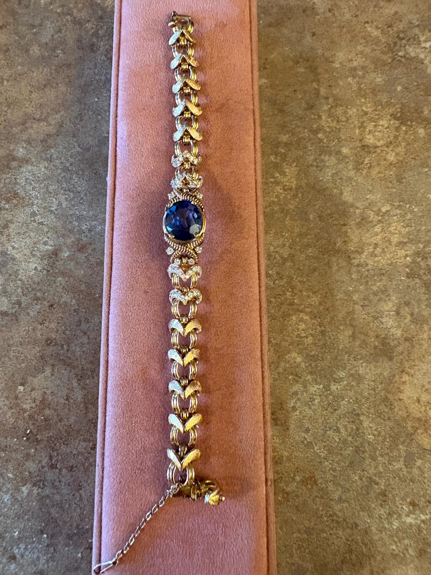 7 inch long heavy antique authentic 18k gold and diamond bracelet with precious blue stone  stunning piece - B