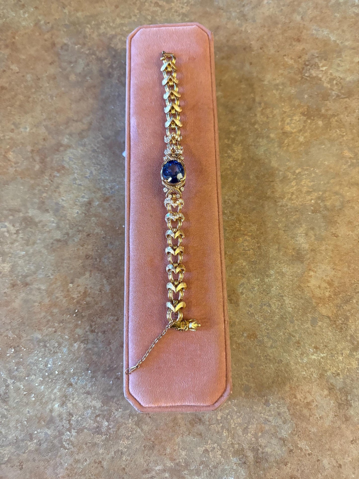 7 inch long heavy antique authentic 18k gold and diamond bracelet with precious blue stone  stunning piece - B