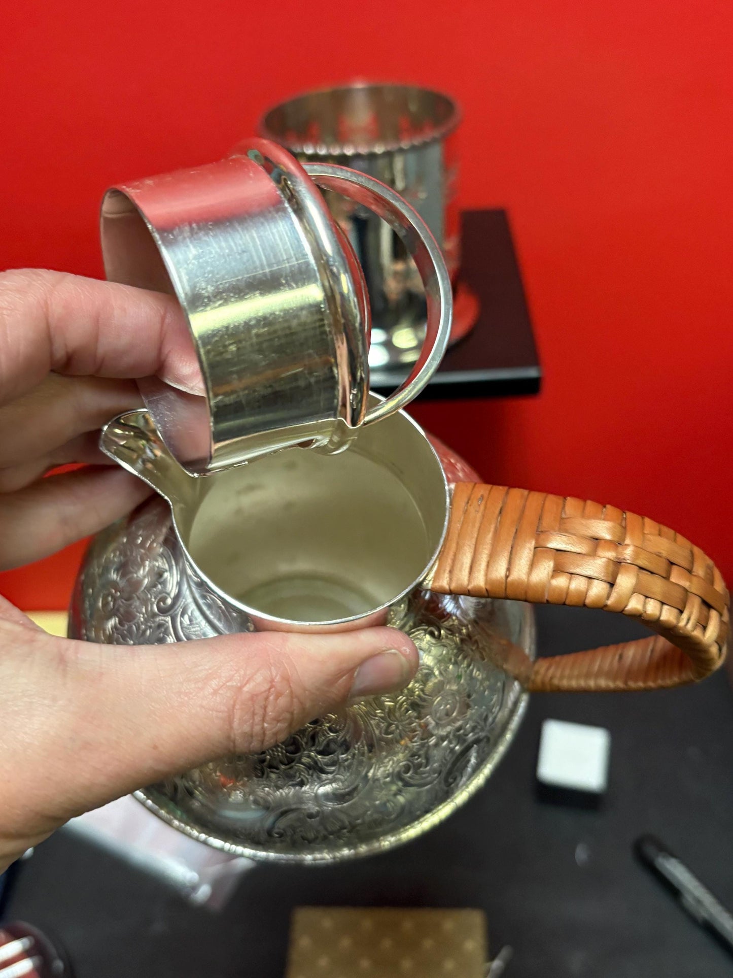 Lovely lot of silver plate  antique polished  spoon holder, hot water, jug, and small tray  perfect gifts or to use