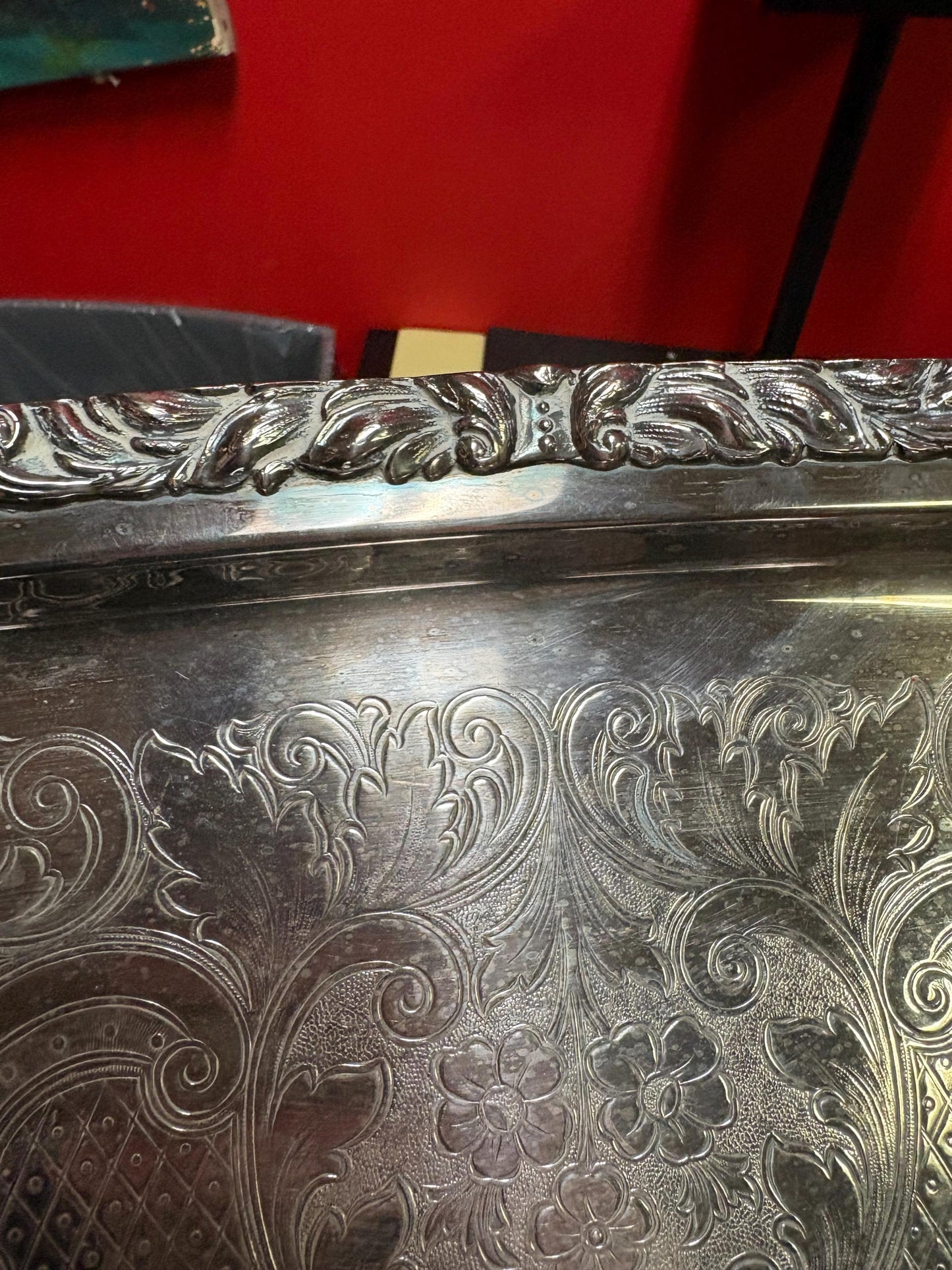 Fabulous 26 x 16 antique silver plated tray with lovely handles  great condition  needs a light polish  wow