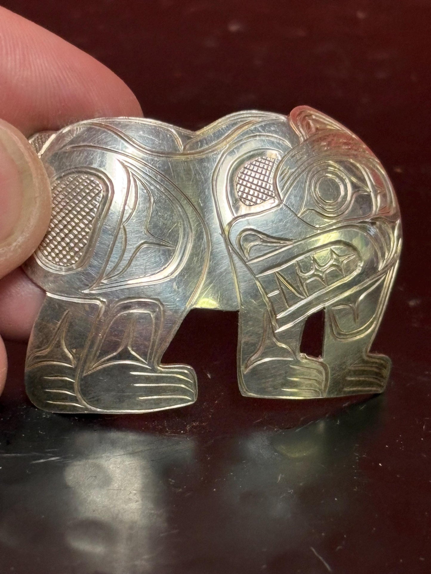 Stunning one-of-a-kind indigenous first nations Pacific Northwest Coast Sterling 2 inch bear brooch - signed  wear it or gift it