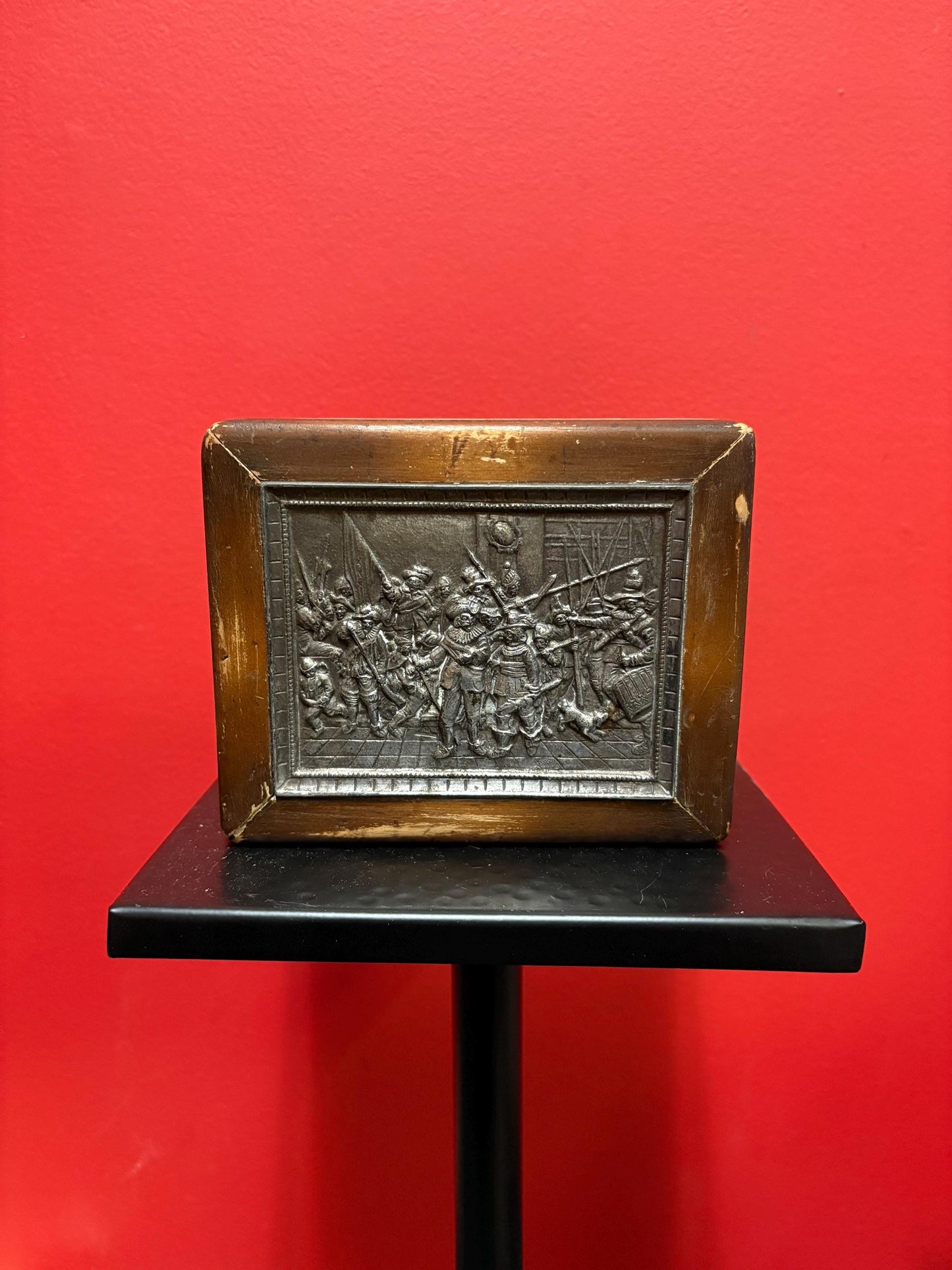 Antique European 800 silver and wood box  Three Musketeers style scene-  not perfect condition, but beautiful - 6 x 5 x 2 high