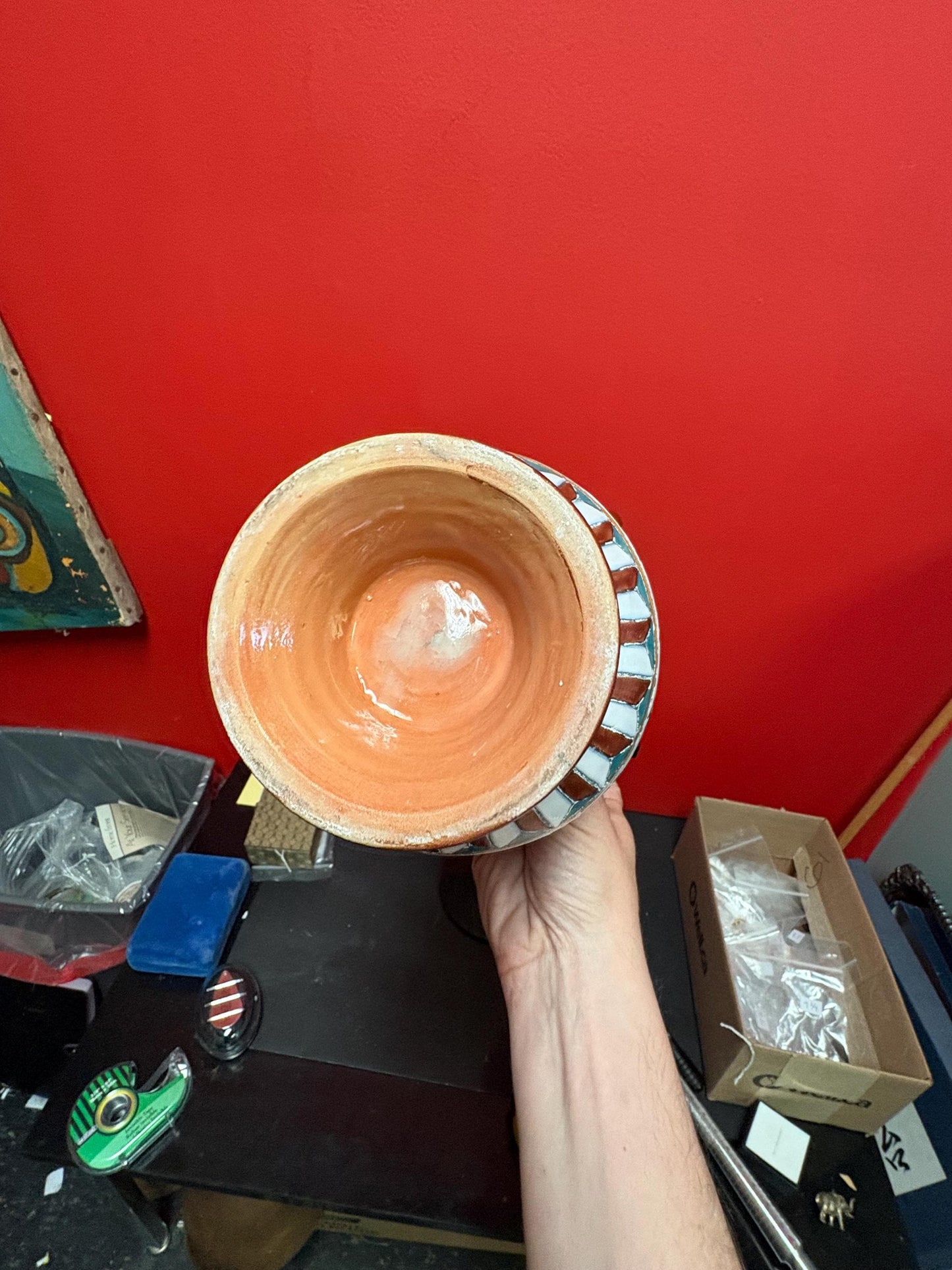 Beautiful African pottery vase  8.5 inches tall  bought in Africa in 1965  one chip  great shape and colours