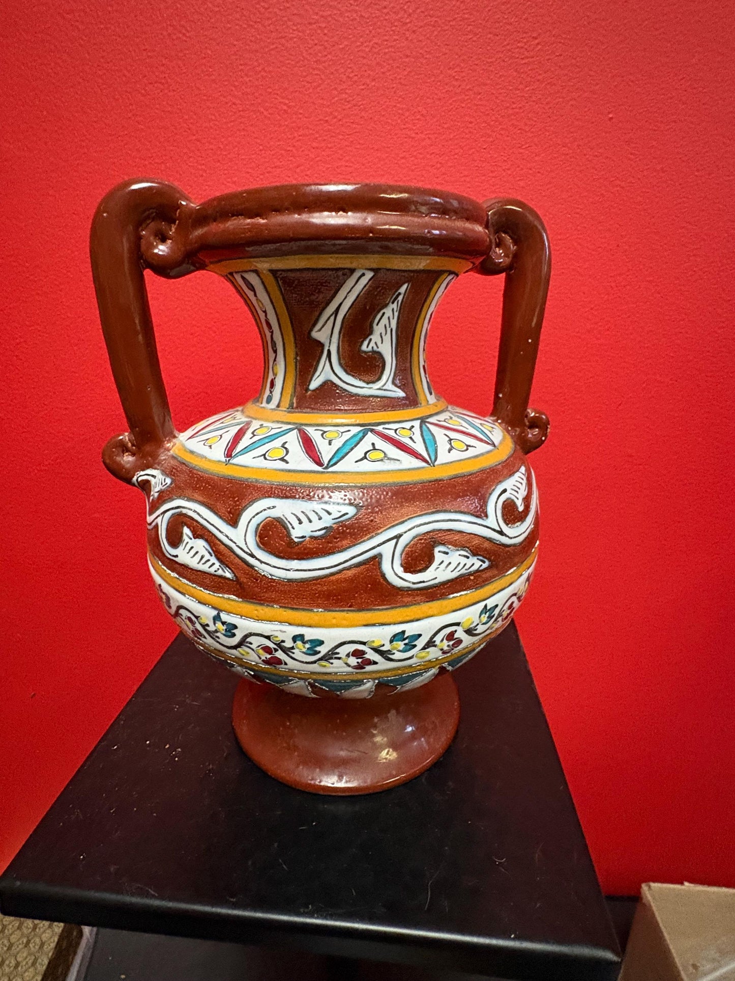 Beautiful African pottery vase  8.5 inches tall  bought in Africa in 1965  one chip  great shape and colours