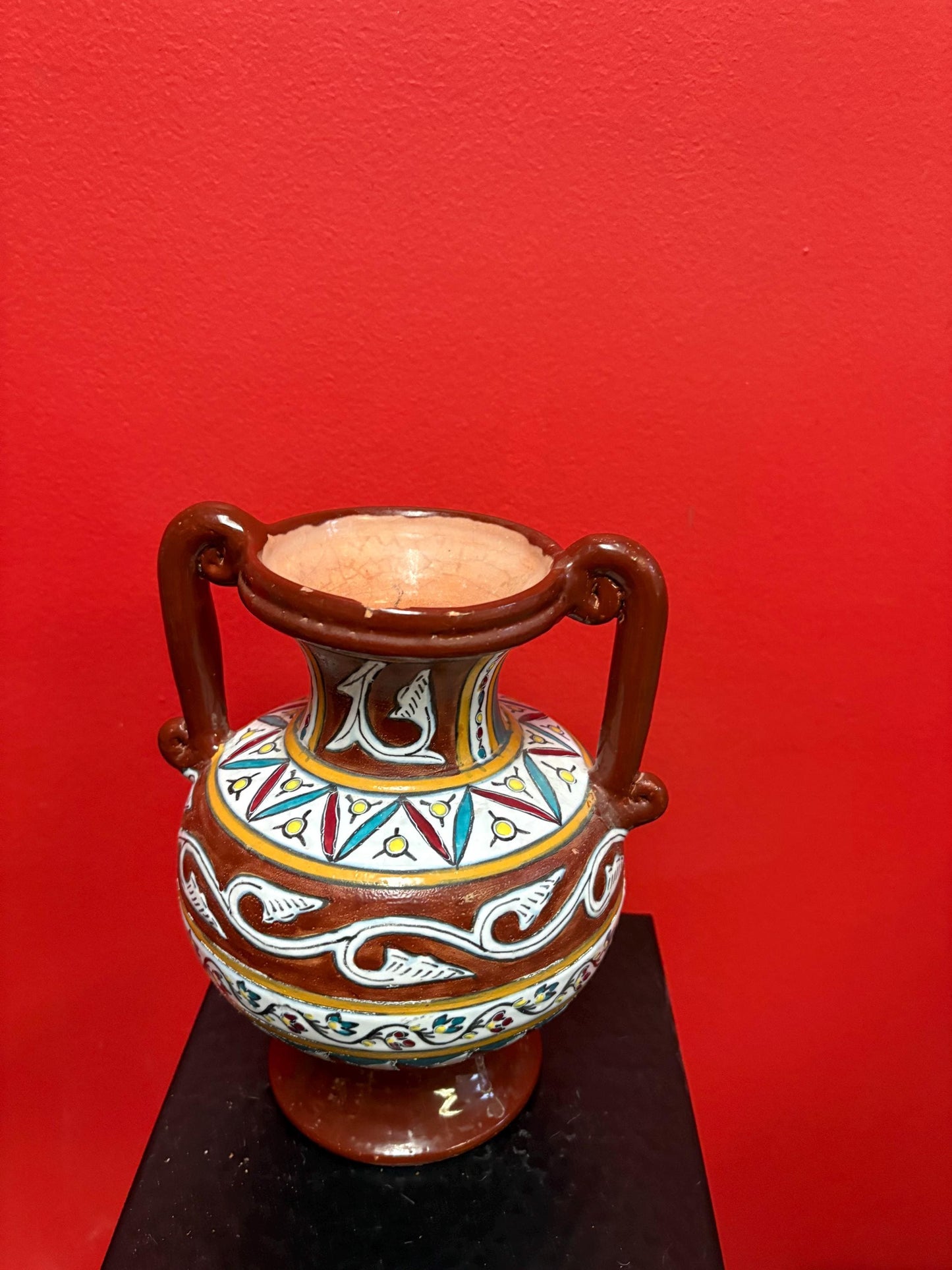 Beautiful African pottery vase  8.5 inches tall  bought in Africa in 1965  one chip  great shape and colours