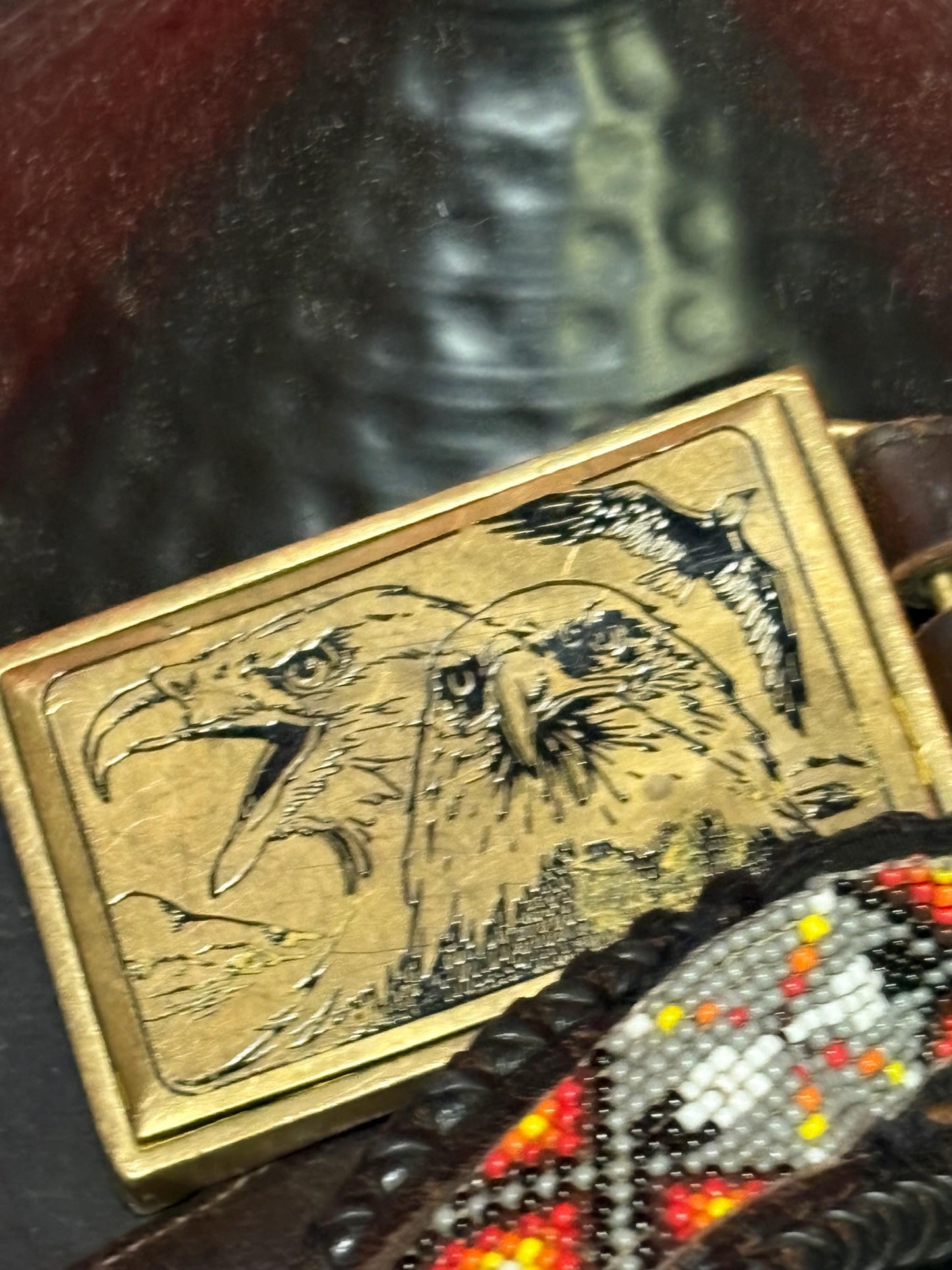 Wonderful 1980s heavy brass Eagle belt buckle with 40 inch leather and beaded indigenous belt  belt as is  wow