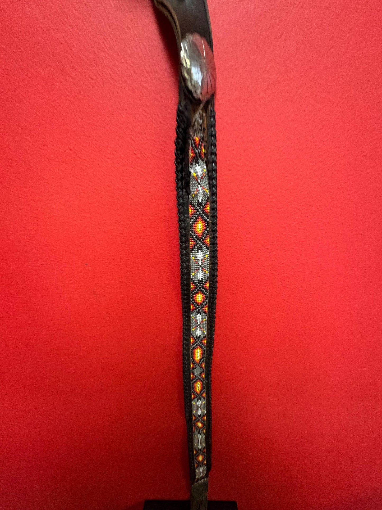 Wonderful 1980s heavy brass Eagle belt buckle with 40 inch leather and beaded indigenous belt  belt as is  wow