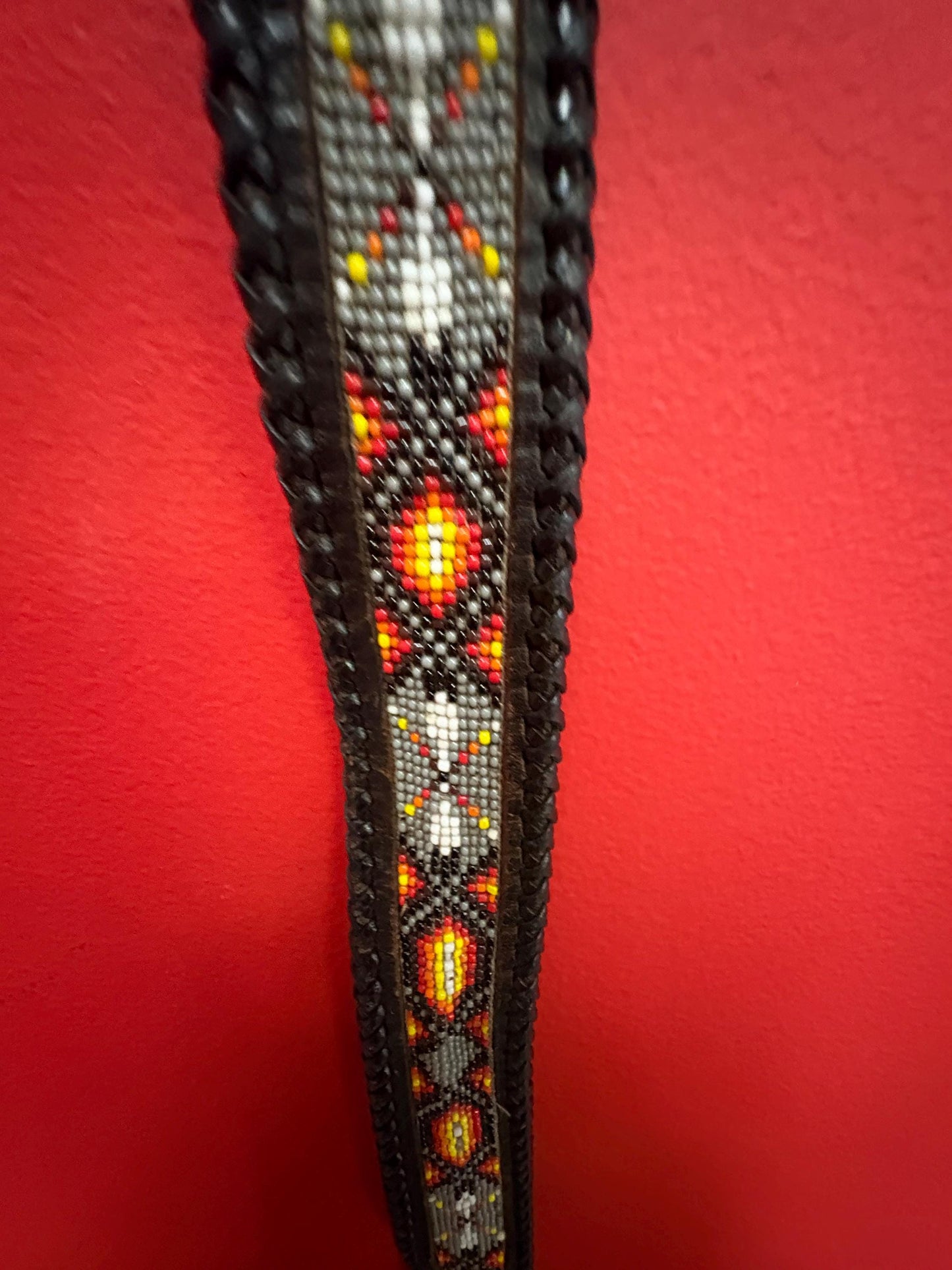 Wonderful 1980s heavy brass Eagle belt buckle with 40 inch leather and beaded indigenous belt  belt as is  wow
