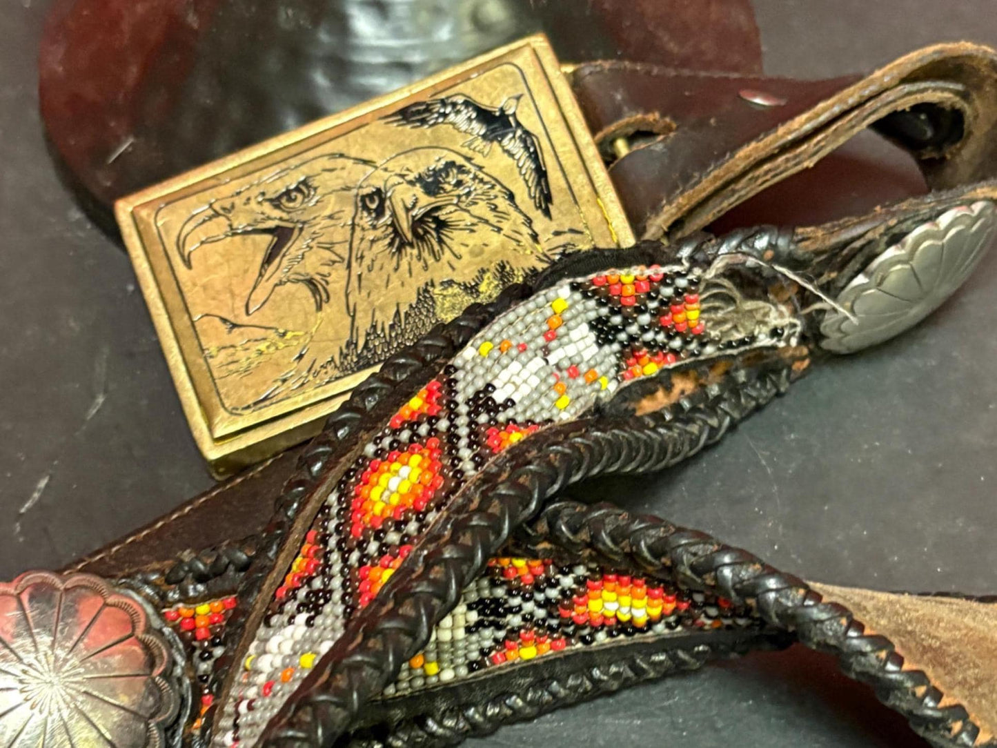 Wonderful 1980s heavy brass Eagle belt buckle with 40 inch leather and beaded indigenous belt  belt as is  wow