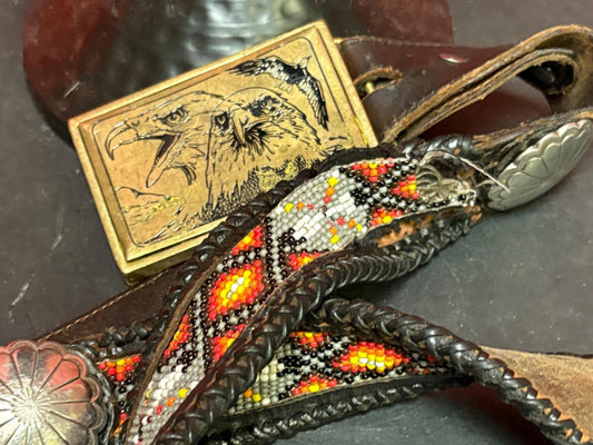 Wonderful 1980s heavy brass Eagle belt buckle with 40 inch leather and beaded indigenous belt  belt as is  wow