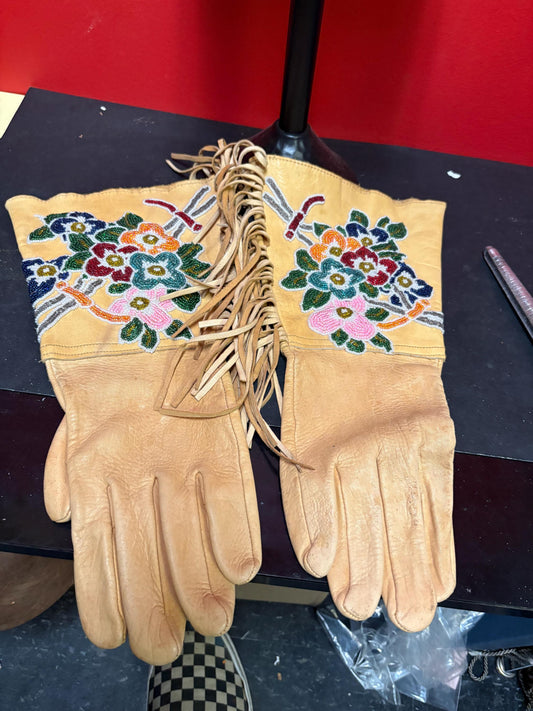 Stunning 15 x 6 wide indigenous first nation specific north West Coast leather and beaded gloves-wonderful condition