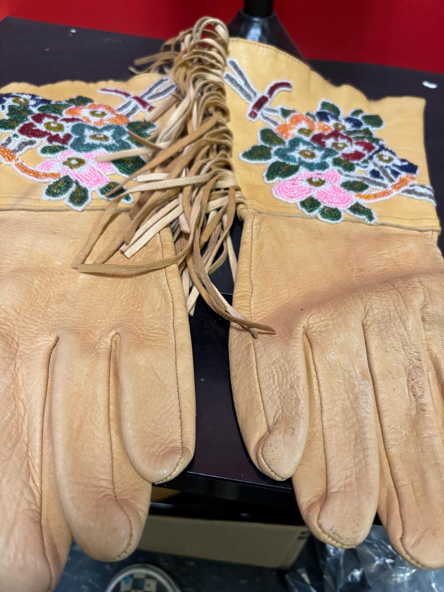Stunning 15 x 6 wide indigenous first nation specific north West Coast leather and beaded gloves-wonderful condition