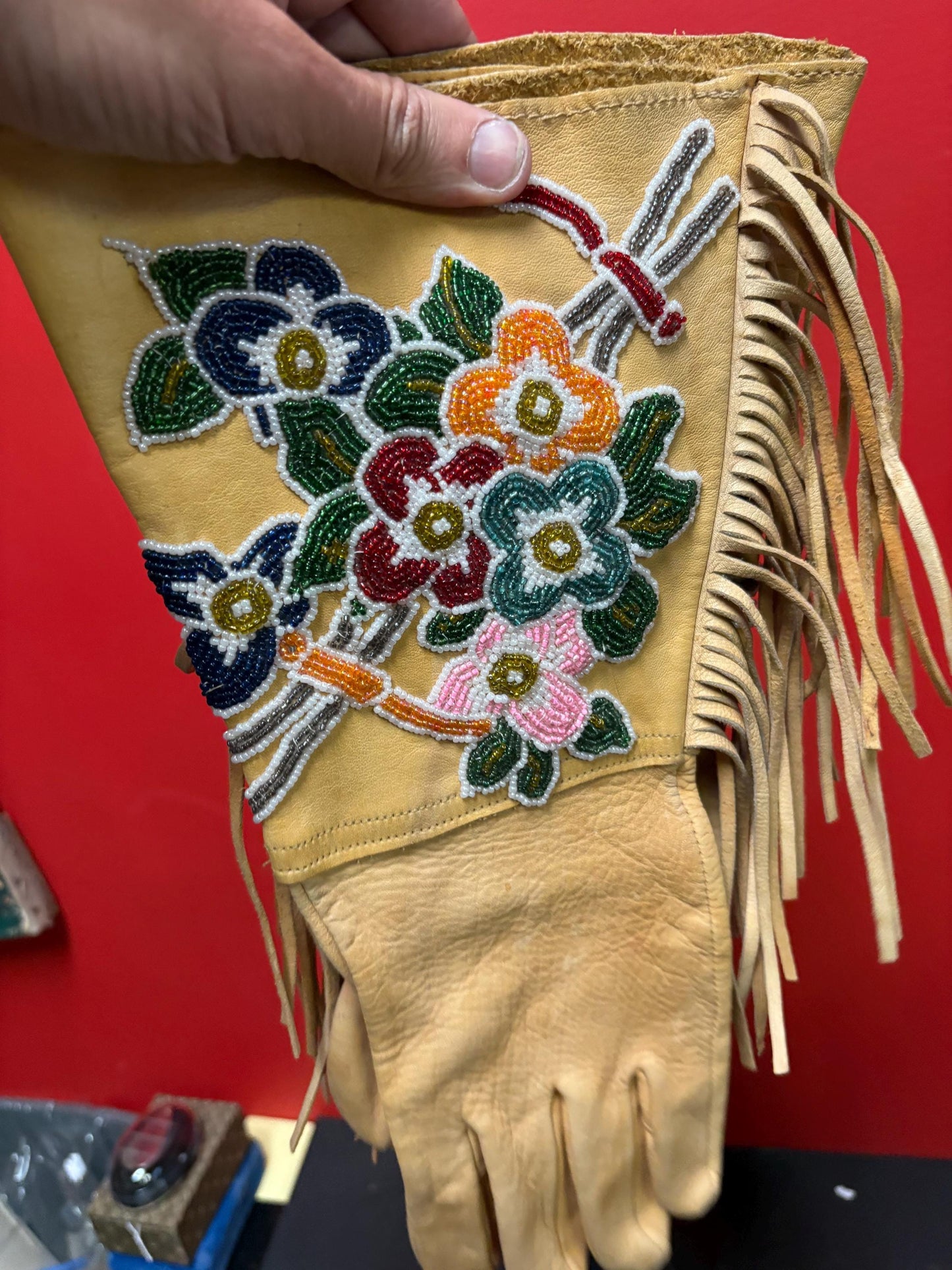 Stunning 15 x 6 wide indigenous first nation specific north West Coast leather and beaded gloves-wonderful condition