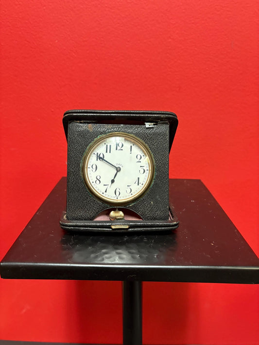 Beautiful antique English eight day watch in leather case  case as is  watch seems to work  final sale