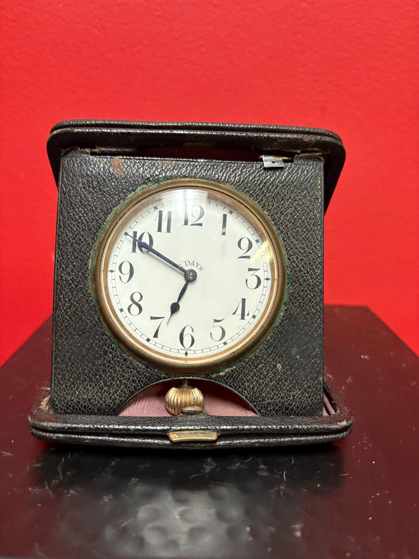Beautiful antique English eight day watch in leather case  case as is  watch seems to work  final sale